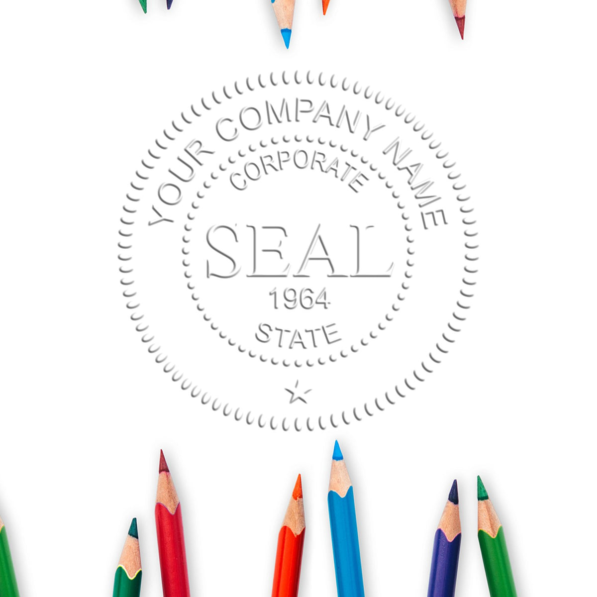 Custom gray corporate seal stamp with company name, 1964 and state text, framed by colorful pencil tips on white.