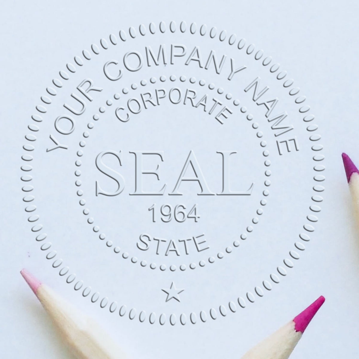 Silver embossed corporate seal stamp with Your Company Name, Corporate, Seal, and 1964 on a light blue background.