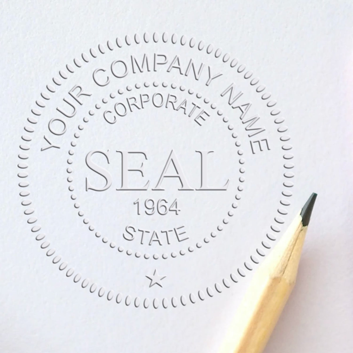 Embossed gray corporate seal stamp on white paper with circular dots, YOUR COMPANY NAME, SEAL 1964, and a pencil.