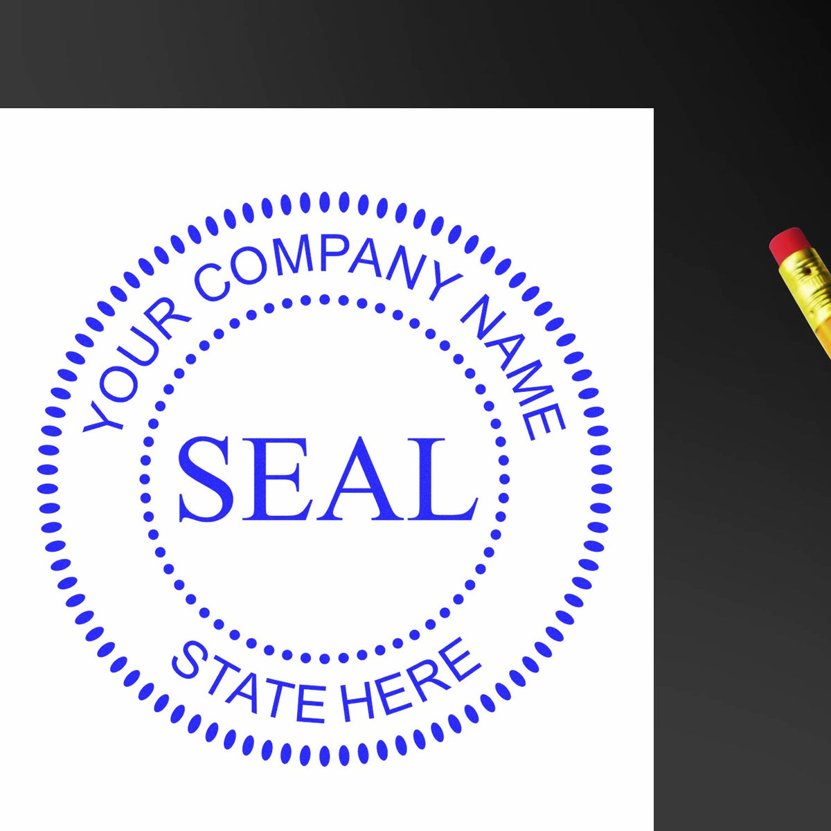 Blue circular company seal stamp with dotted border and customizable text on white paper, shown beside a red pencil.