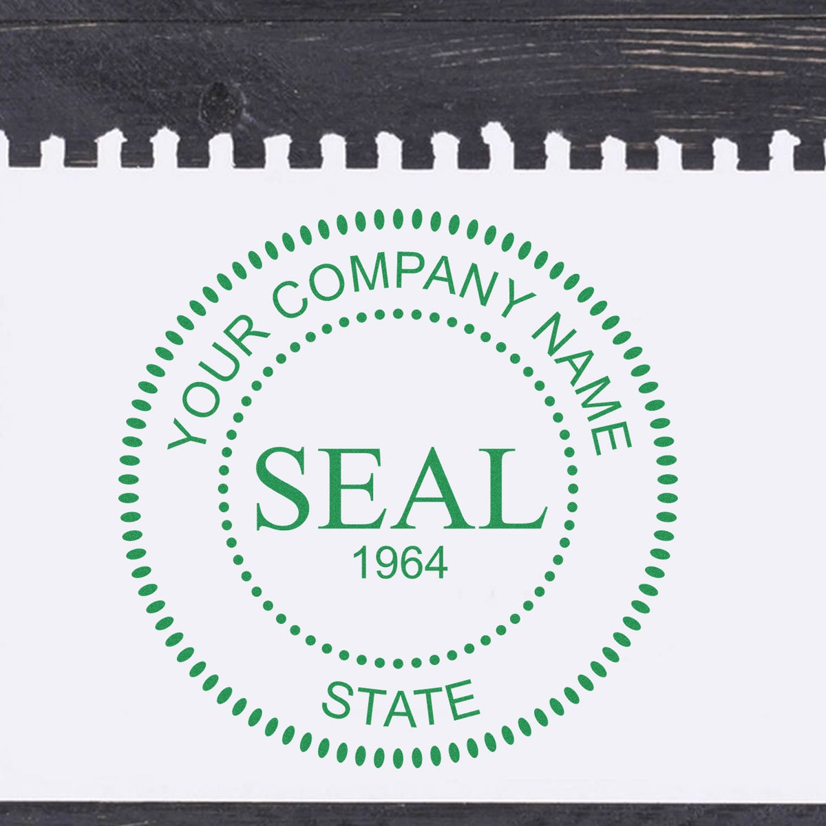 Green stamp and seal design with dotted oval border, YOUR COMPANY NAME, SEAL and 1964 on white background.
