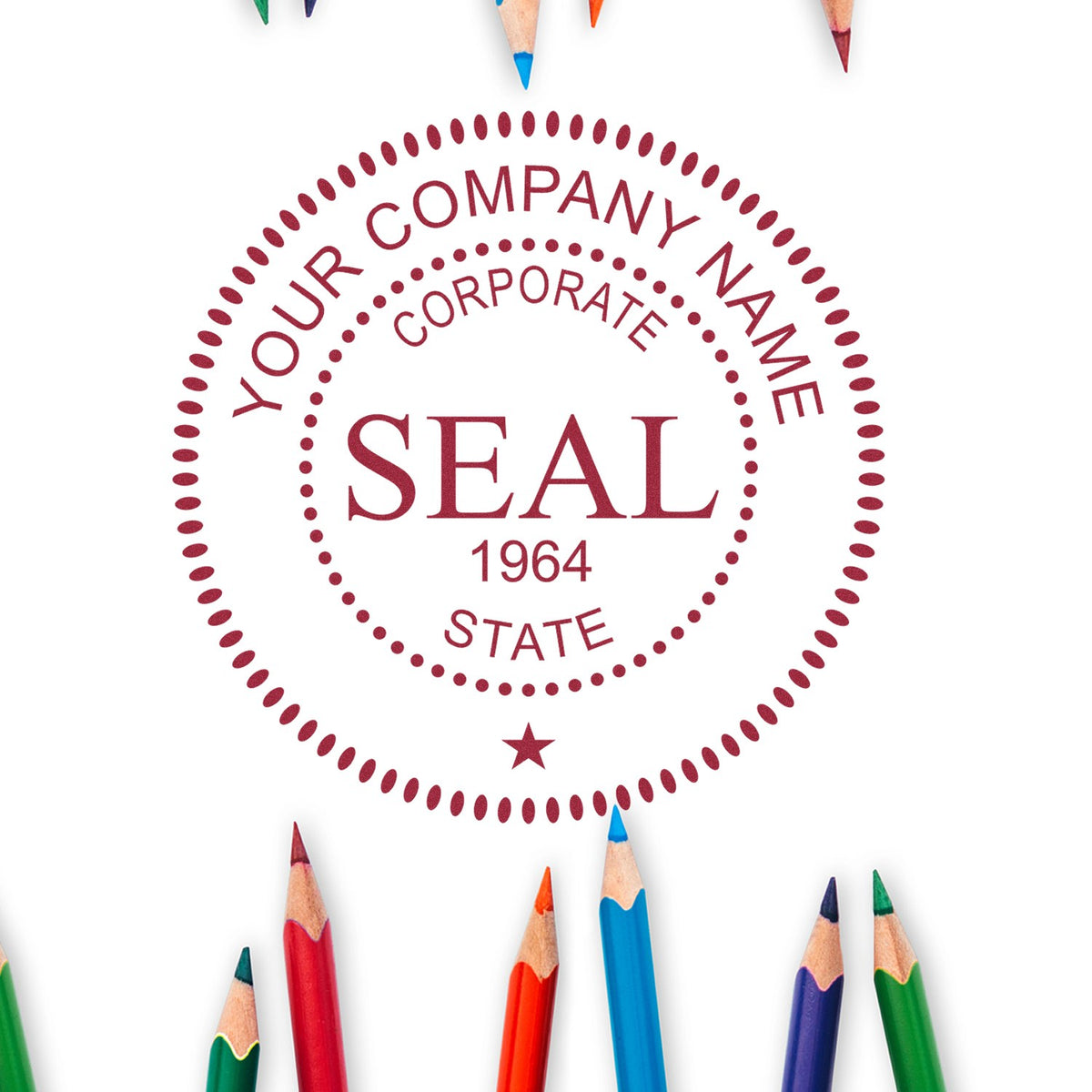 Red corporate seal stamp with dotted border, Your Company Name, Corporate Seal, State, and 1964, on white with colored pencils