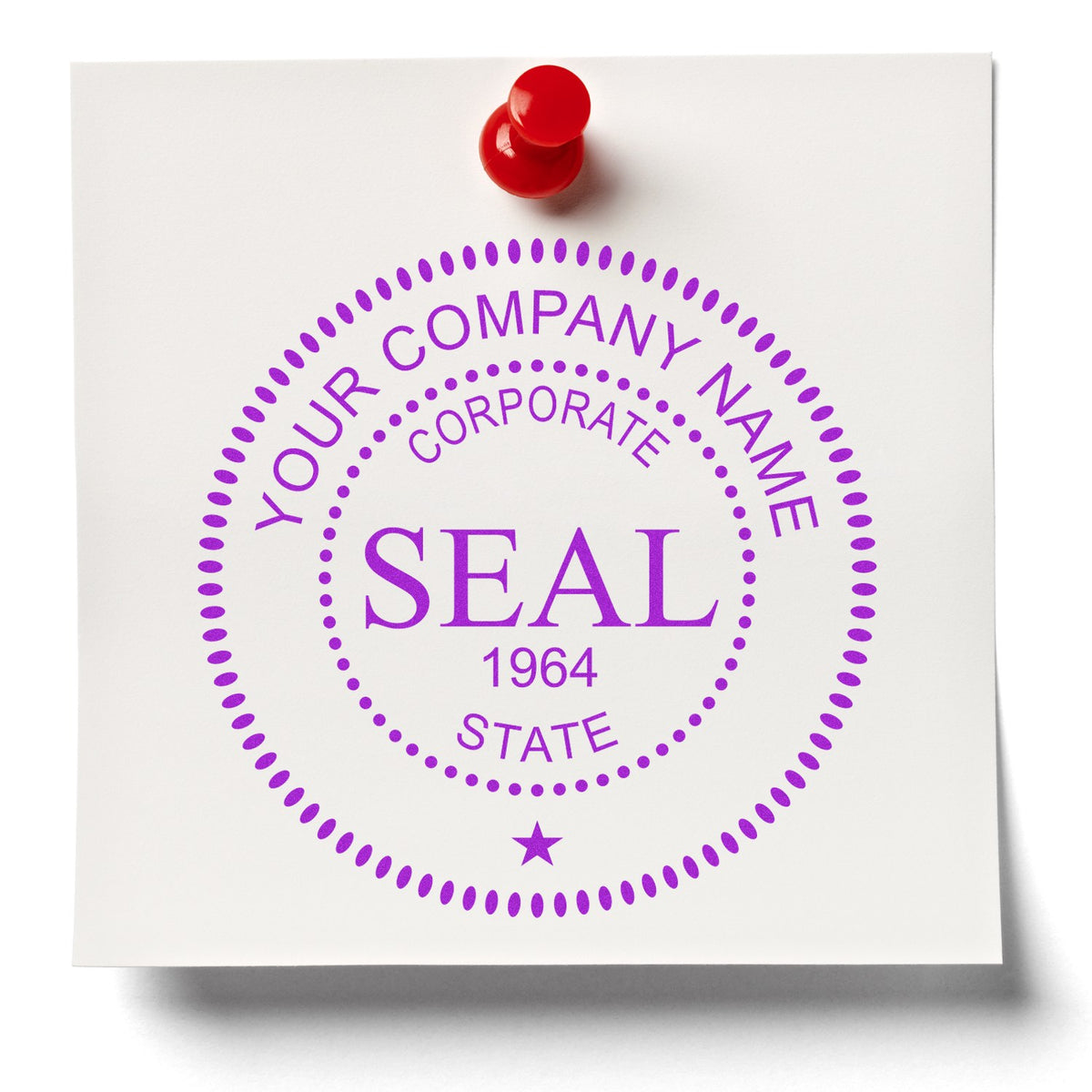 Red custom stamp on white paper with a purple company seal, dotted circles, and text SEAL, CORPORATE, STATE, 1964.