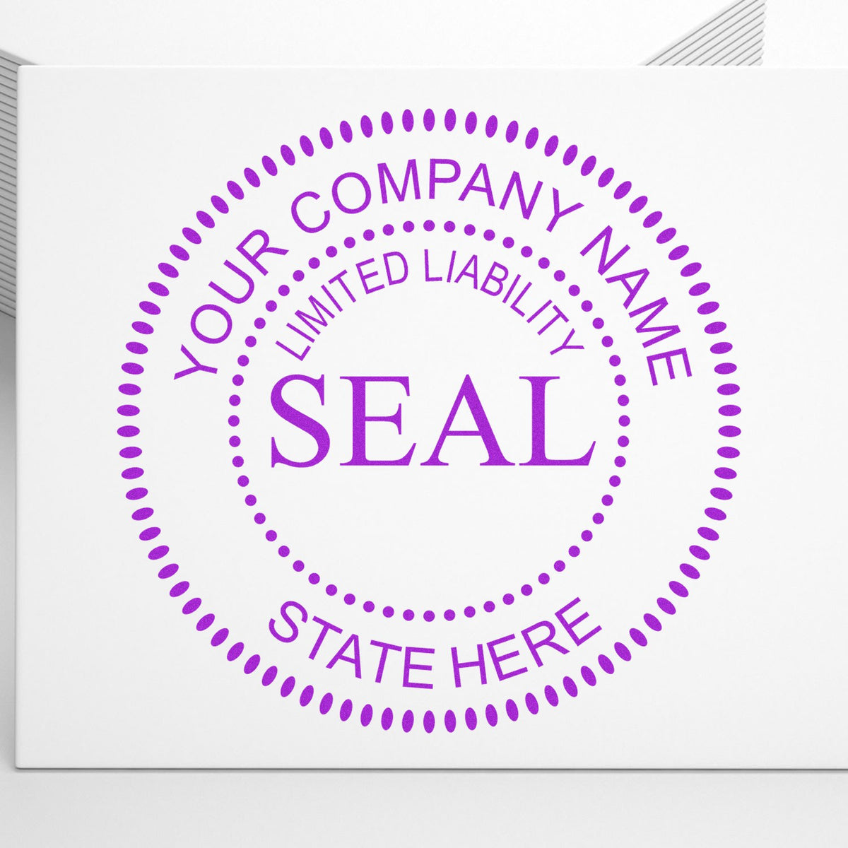 Purple custom company seal stamp on white, with dotted circle and text: YOUR COMPANY NAME, LIMITED LIABILITY, SEAL, STATE HERE.