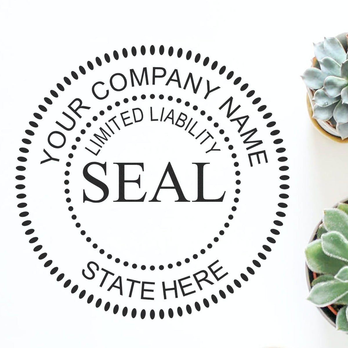 Black custom company seal stamp with dotted circular border, YOUR COMPANY NAME and LIMITED LIABILITY on white background.