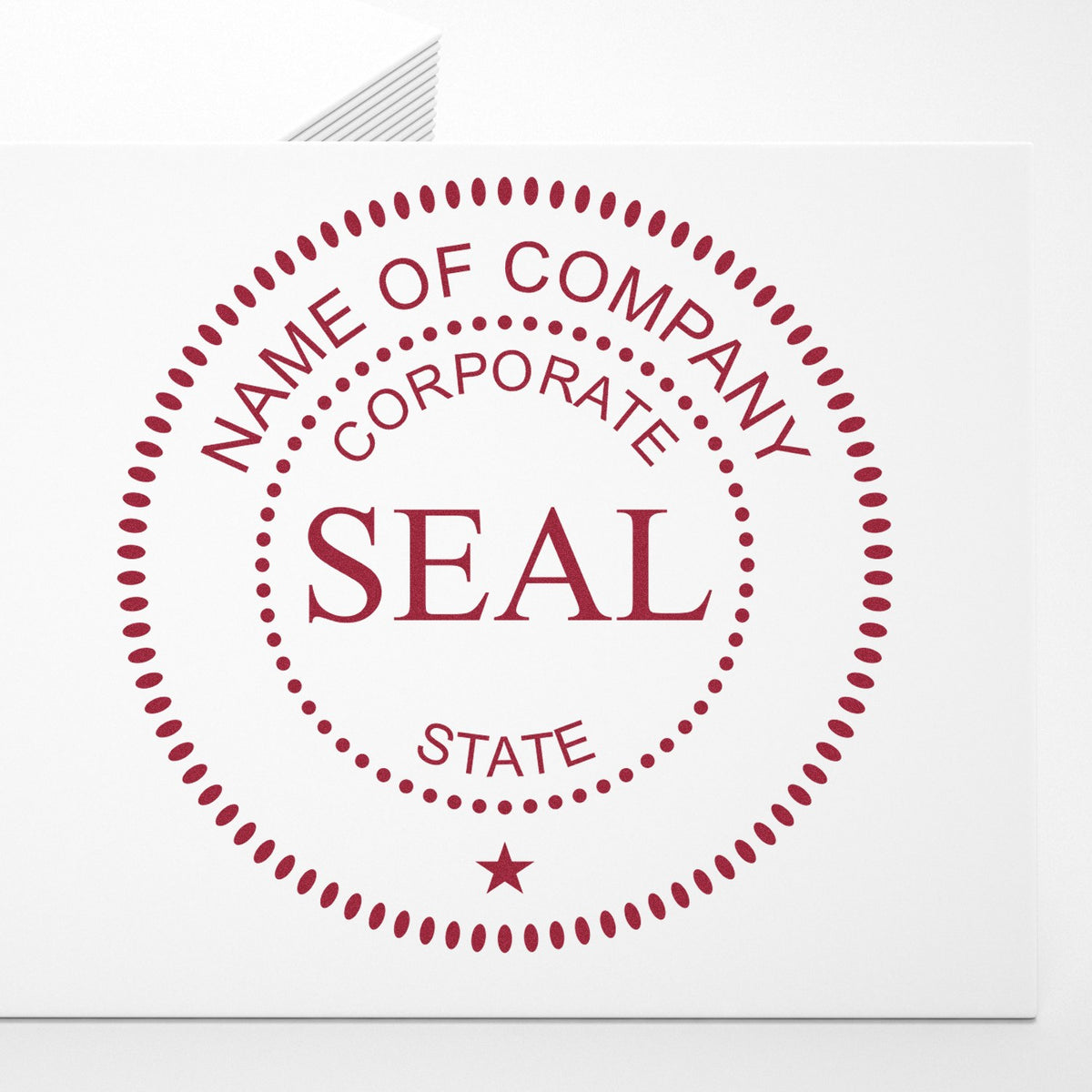 Red corporate seal stamp with circular dotted border, "NAME OF COMPANY CORPORATE SEAL STATE," and star on white background.