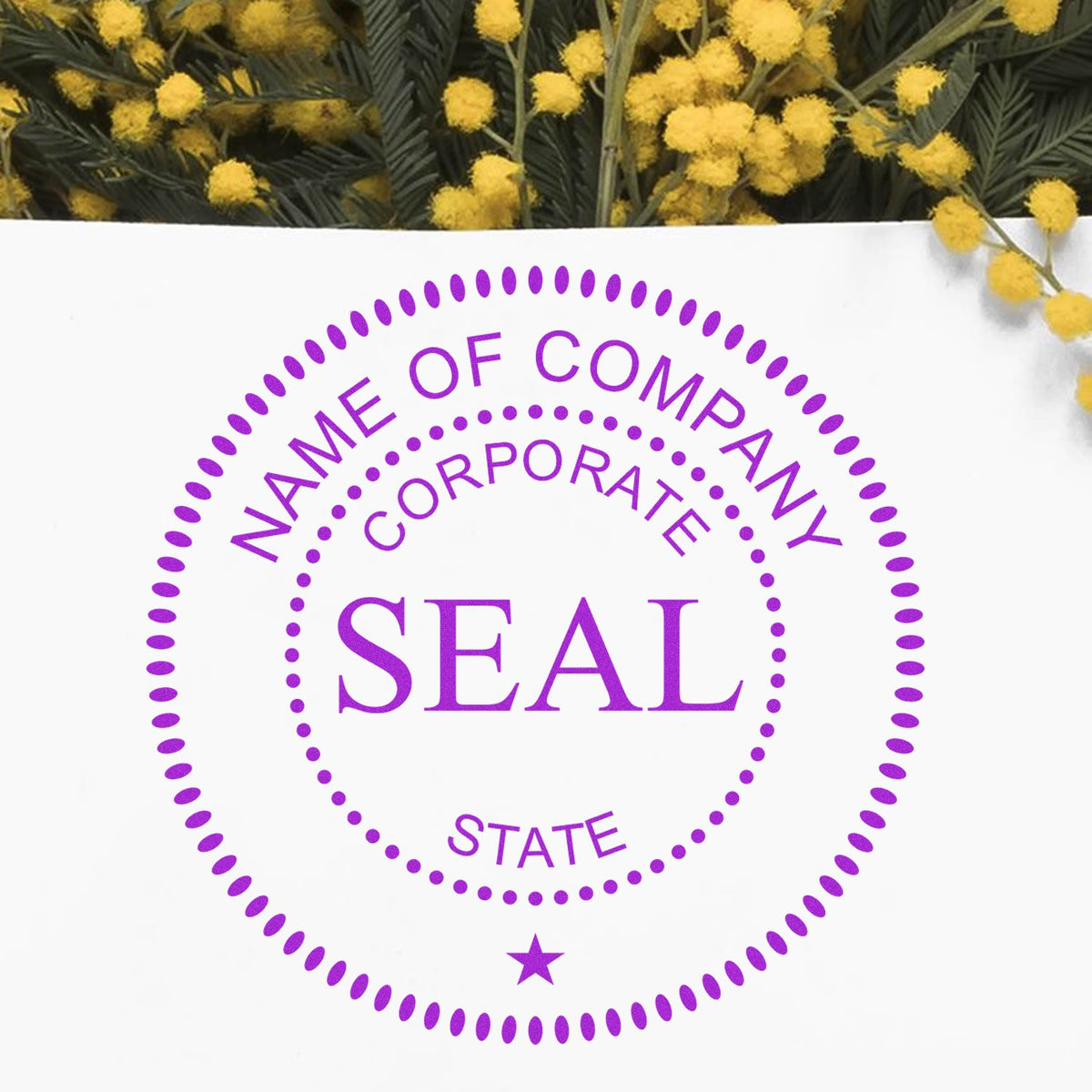 Purple corporate seal stamp with dotted circle, star, and Name of Company text on white, framed by yellow flowers.