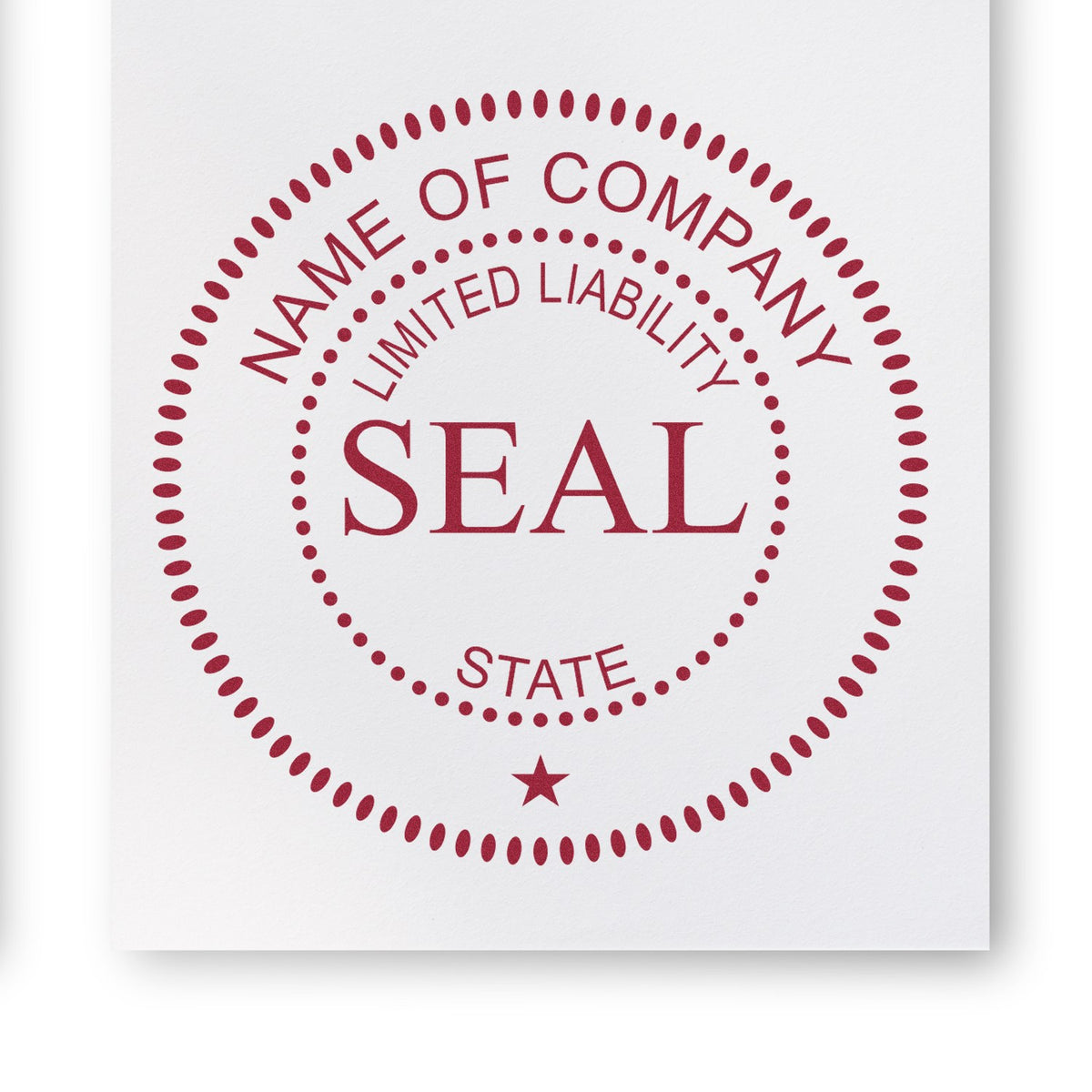 Red circular company seal stamp with dotted border and star on white paper, reading Name of Company, Limited Liability, Seal, State.