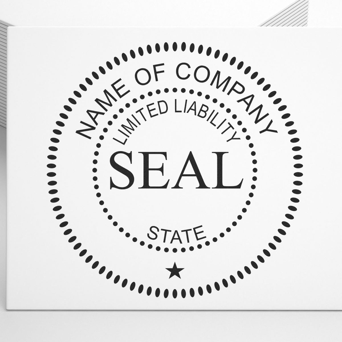 Black company seal stamp with dotted circular border, NAME OF COMPANY, LIMITED LIABILITY, STATE, and star on white.