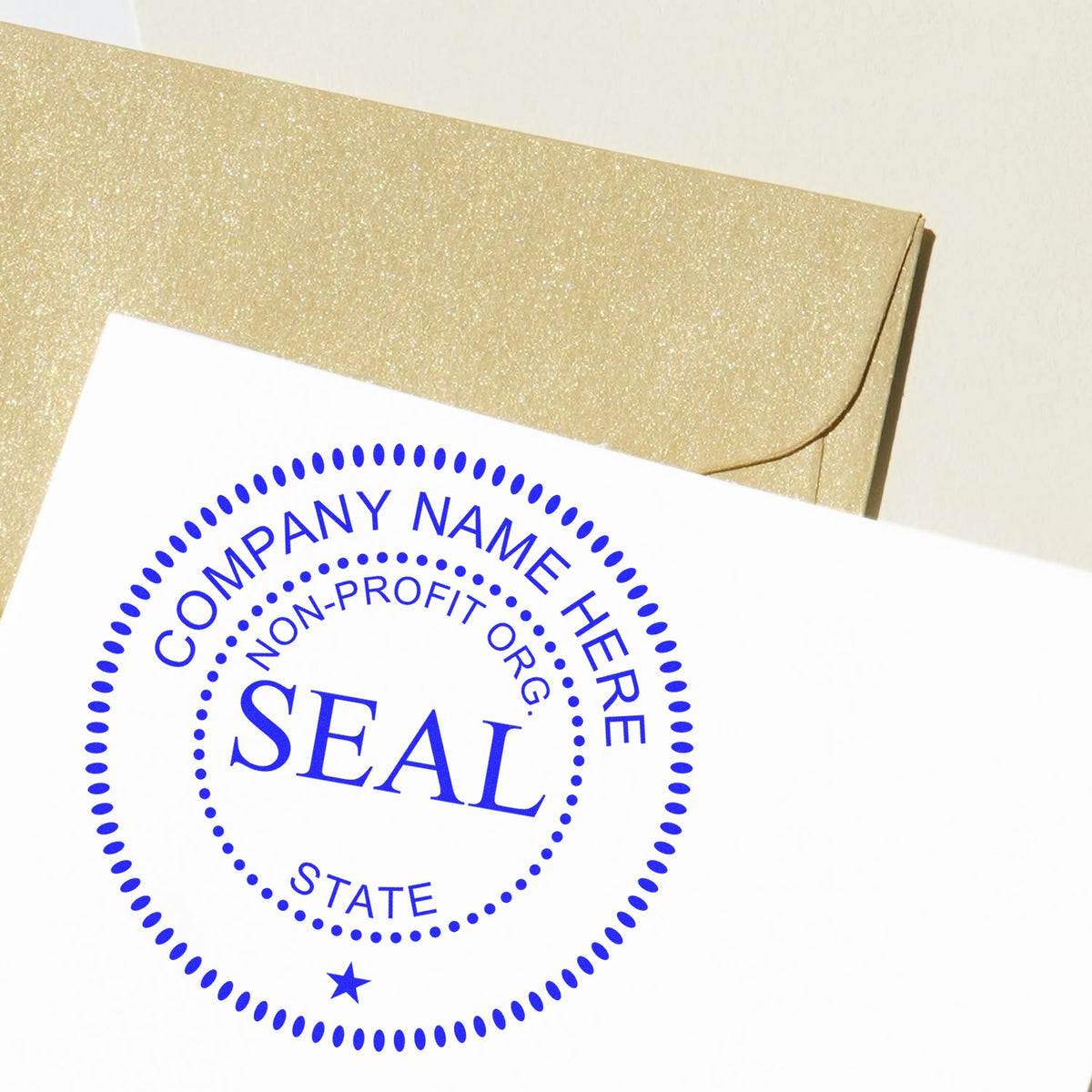 Gold glitter envelope with white card showing blue company name here nonprofit state seal stamp.