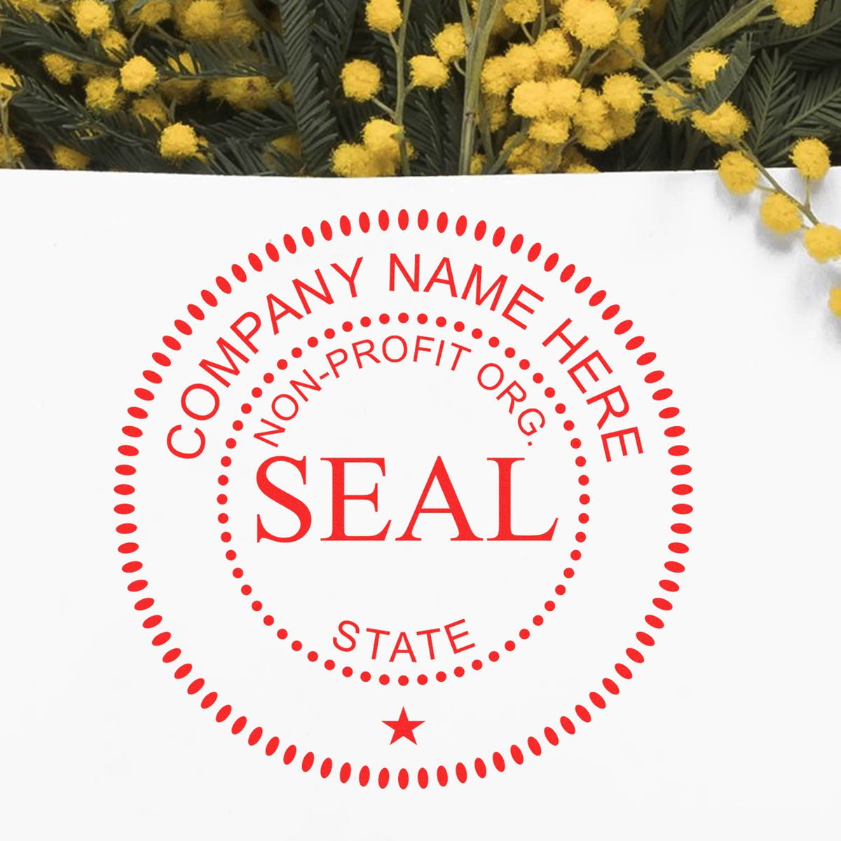 Custom red nonprofit state seal stamp with dotted border and star on white, framed by yellow flowers