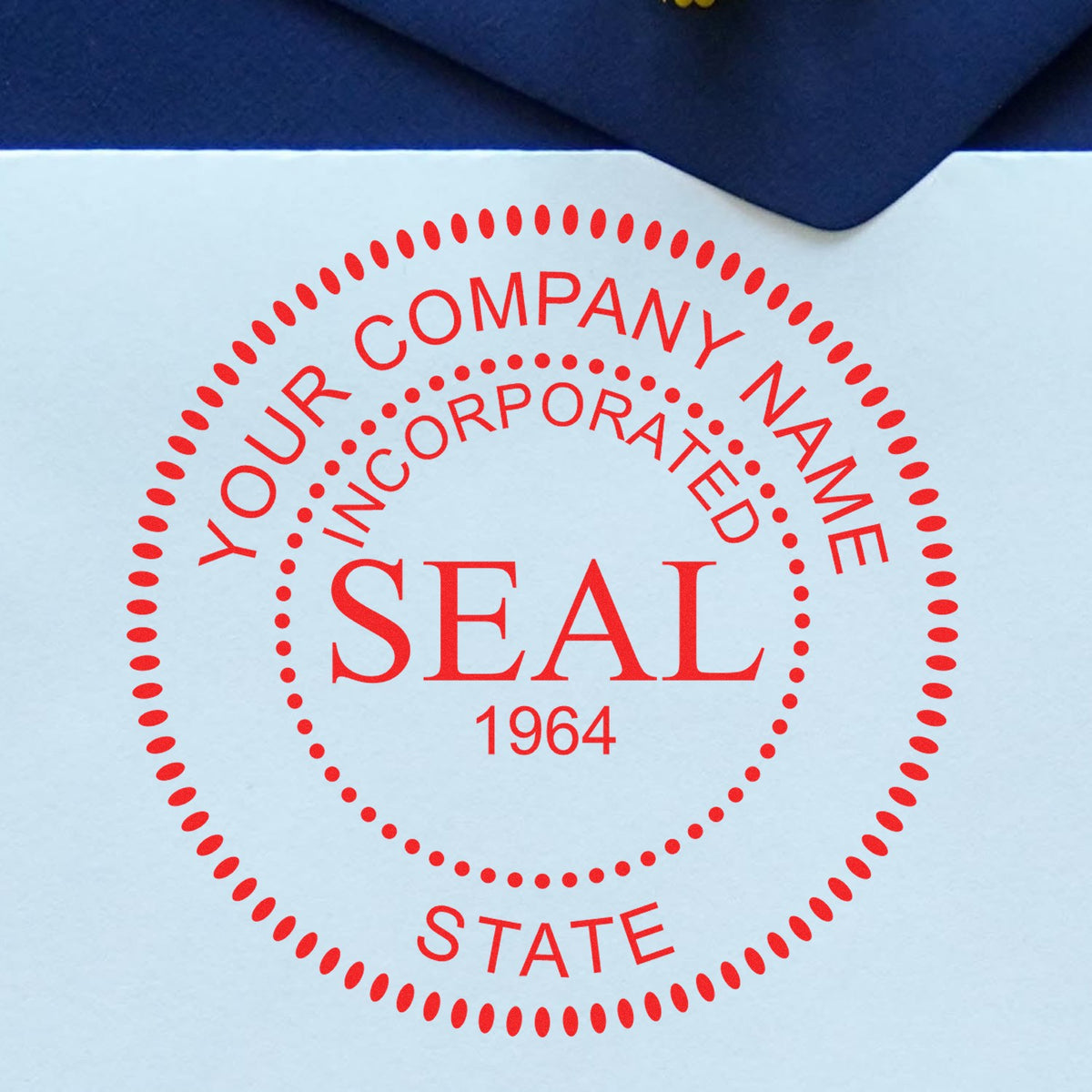 Red corporate seal stamp in red on a white envelope with navy flap, reading YOUR COMPANY NAME INCORPORATED SEAL 1964 STATE.