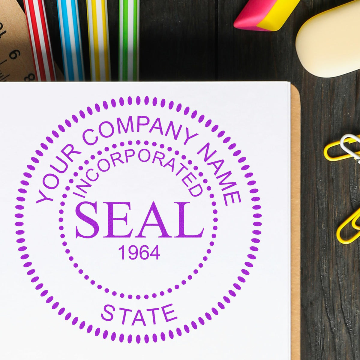 Purple custom company seal stamp on white paper, with dotted border and Your Company Name Incorporated Seal 1964 State.