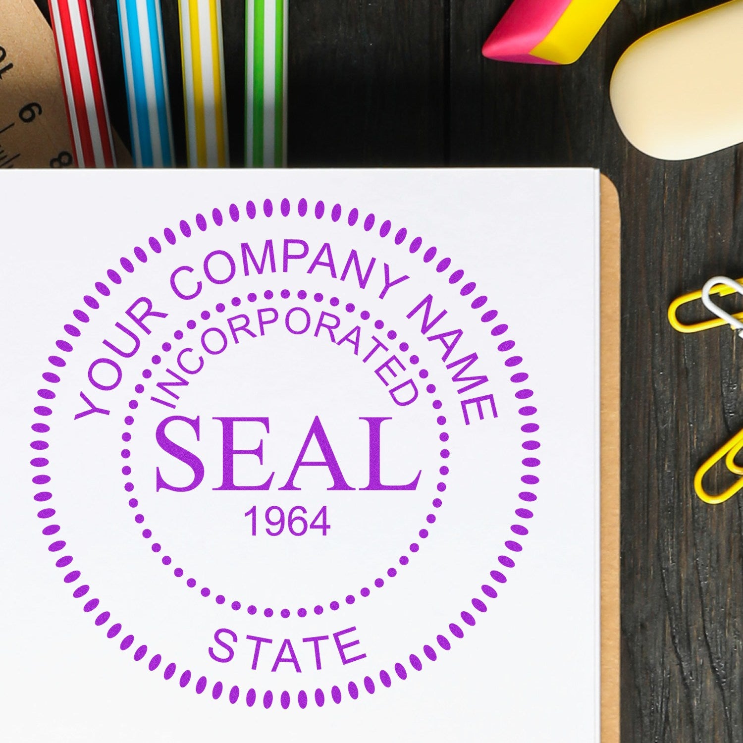 Soft Seal Incorporation Seal with Date Combo with Wood Handle Stamp