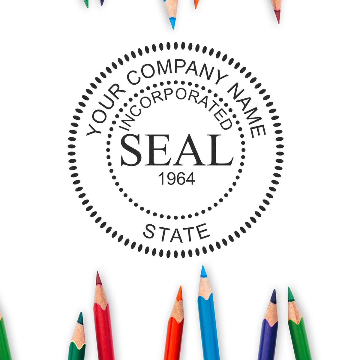 Black circular corporate seal stamp design with dotted border and colored pencil tips on white background.