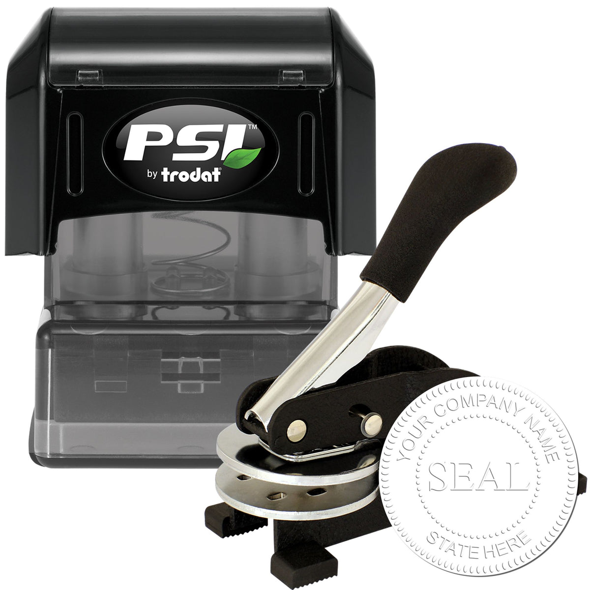 Black PSI by Trodat self-inking stamp and embossing seal set with silver handle and white round company seal.