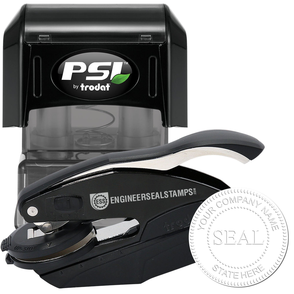 Black PSI by Trodat self-inking stamp and black embossing seal with white round company seal imprint.