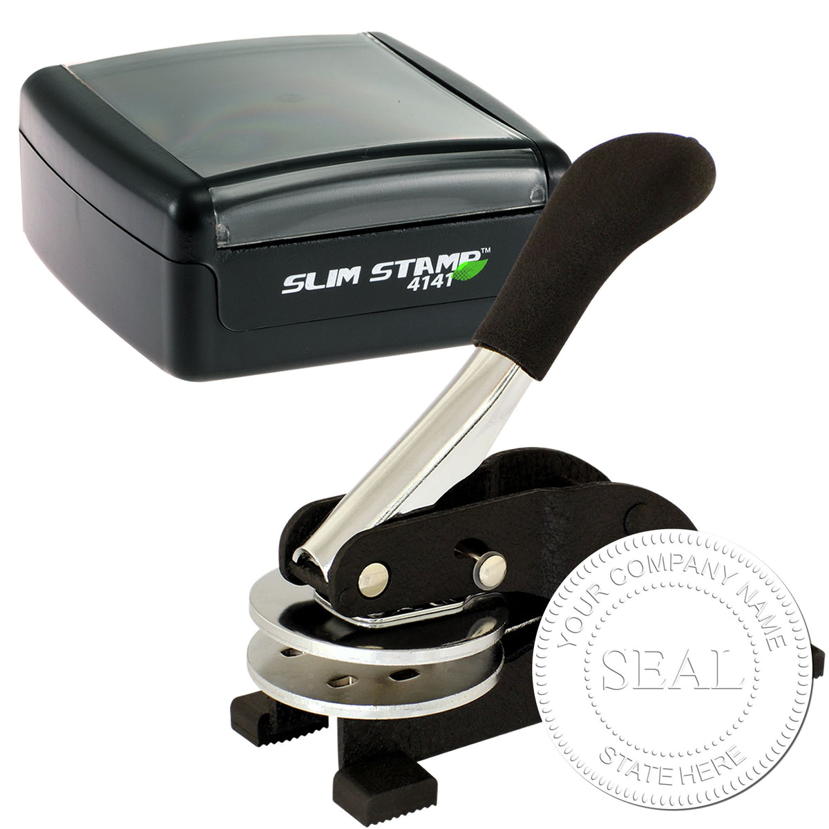 Trodat standard desk business stamp and corporate seal bundle with round slim design on a white background.