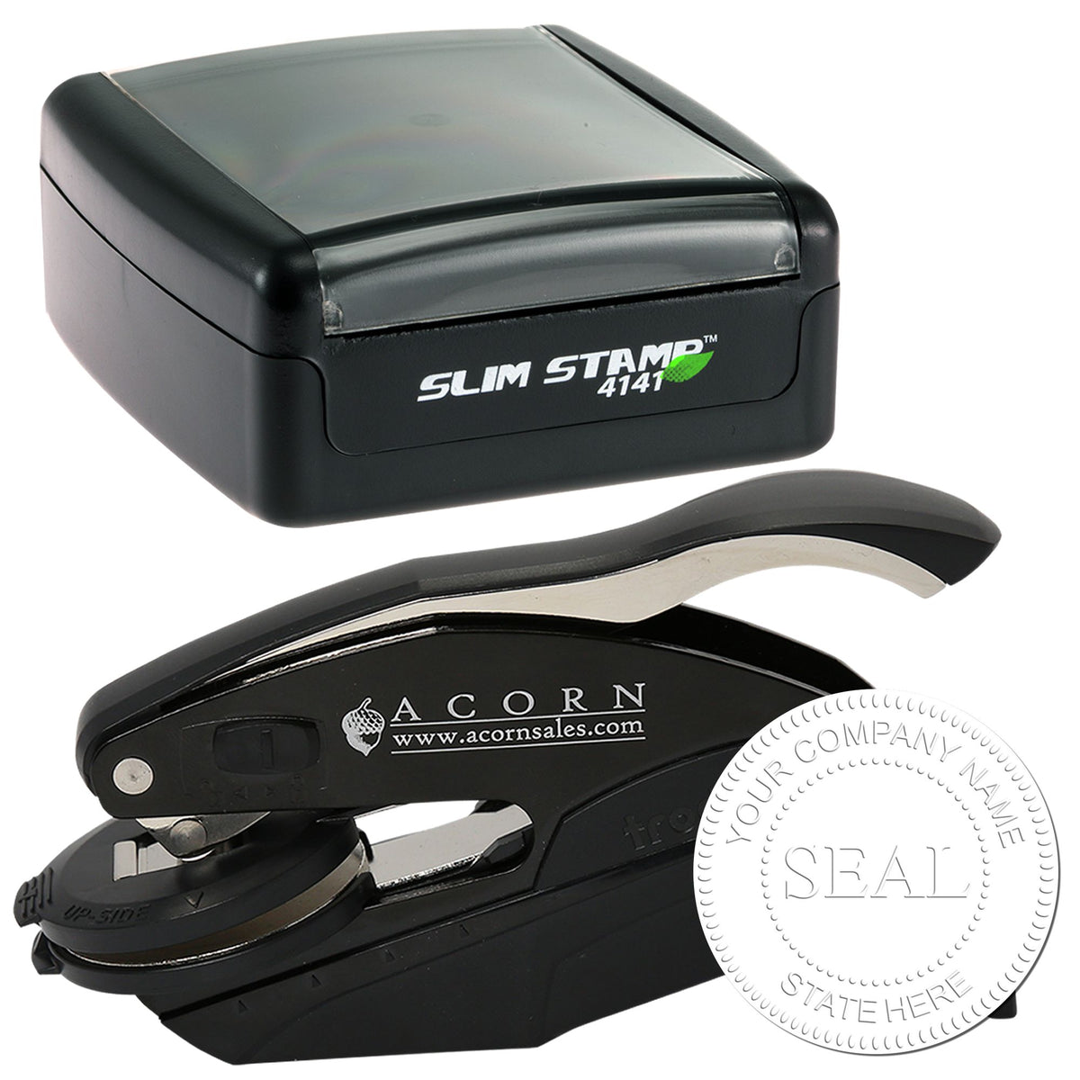 Black self-inking stamp and seal products with gray case, black body, metal lever, and circular embossed company seal sample.