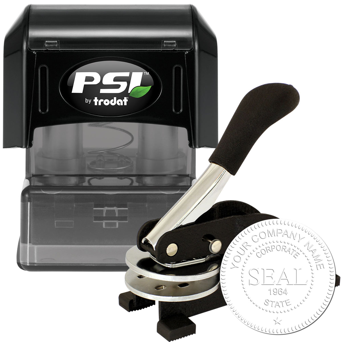 Black PSI by trodat self-inking stamp with metal seal embosser and silver round corporate seal imprint.