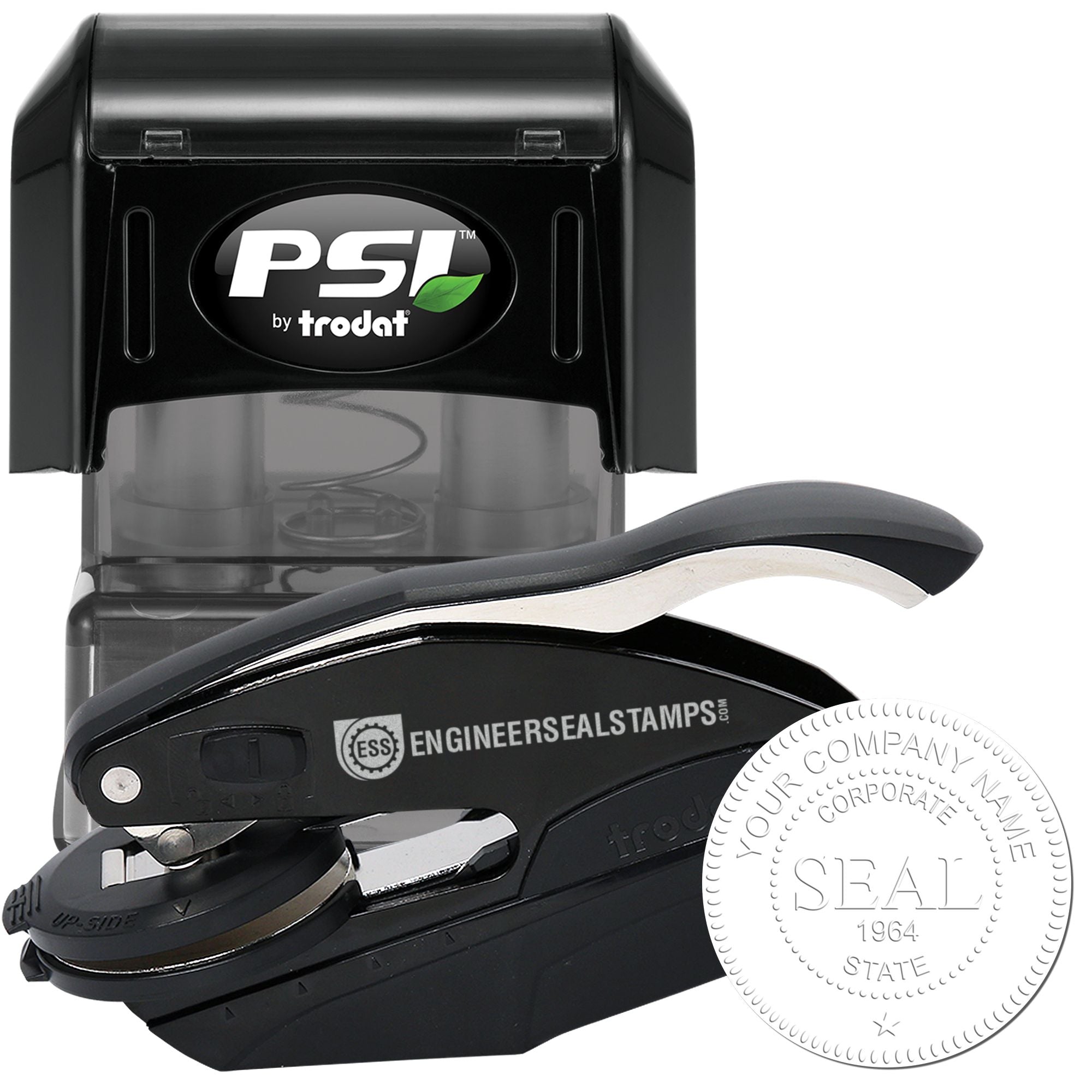 Black PSI by Trodat self-inking stamp and seal embosser, black with silver handle and white circular company seal imprint.