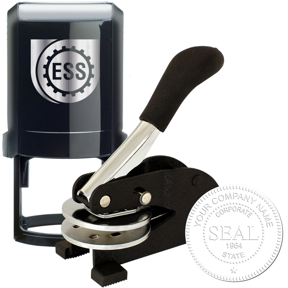 Black ESS stamp and seal set with silver lever handle and round company seal imprint, isolated on white