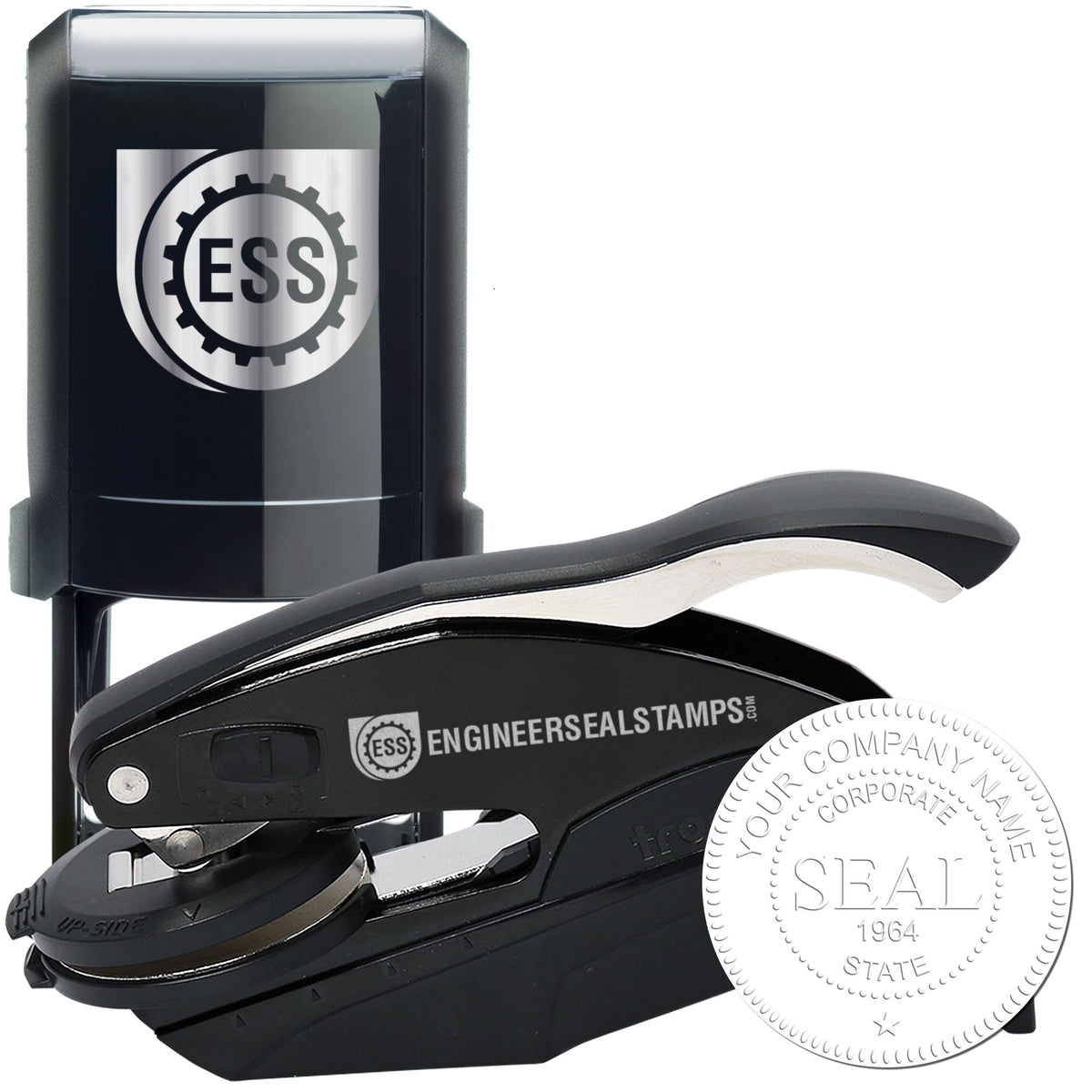 Black ESS stamp and seal set with self-inking embosser, chrome accents, and circular custom company seal.