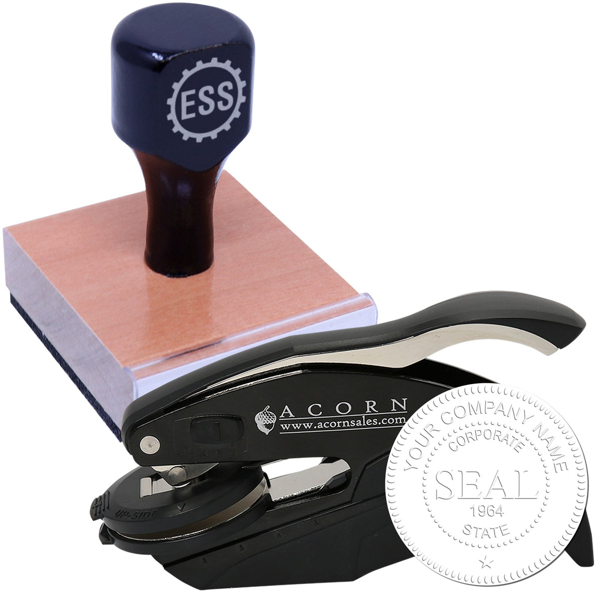 Black ESS rubber stamp on wooden base with black handheld seal embosser and white circular corporate seal impression.