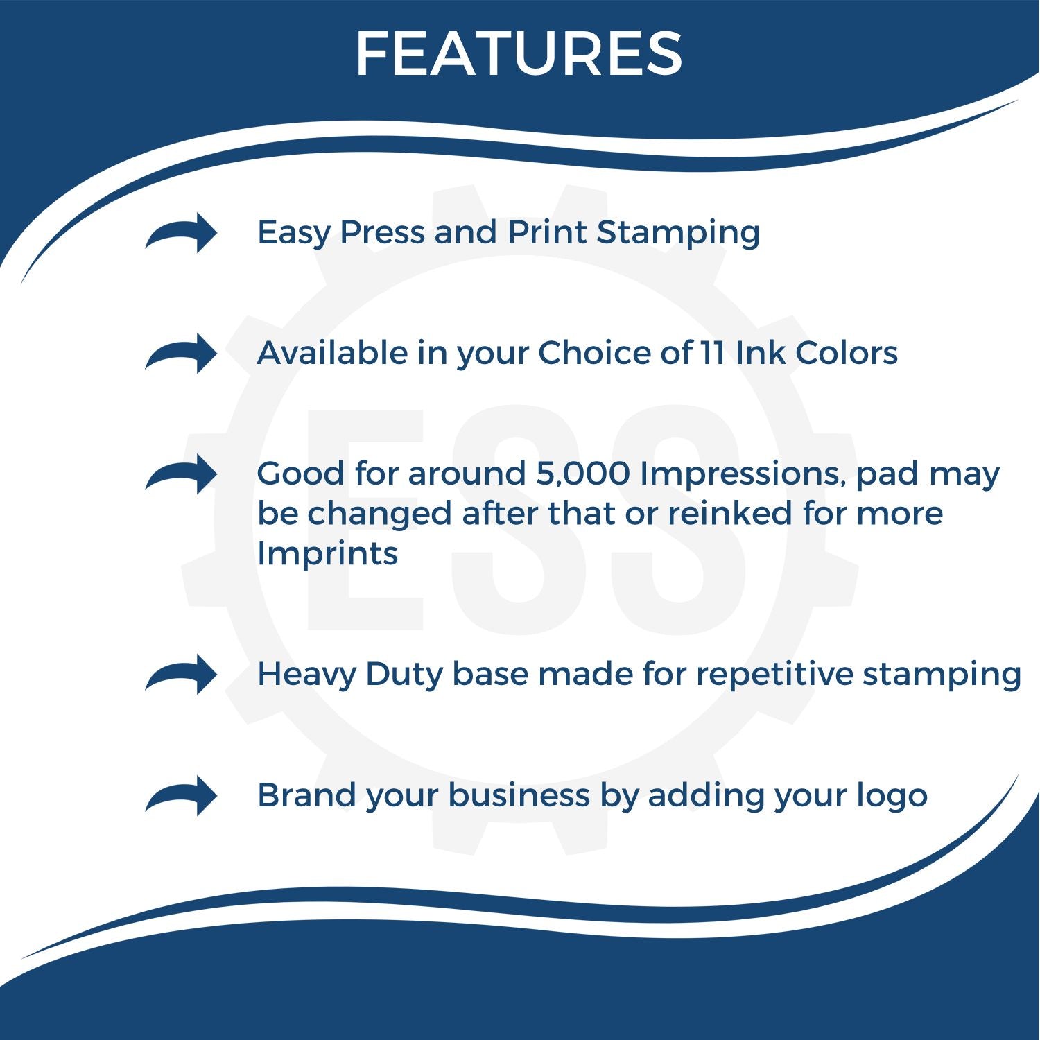 Infographic showing features of the Custom Self Inking Stamp Trodat 5274 Size 1-9/16 x 2-3/8, including easy press, 11 ink colors, 5,000 impressions, and heavy-duty base.