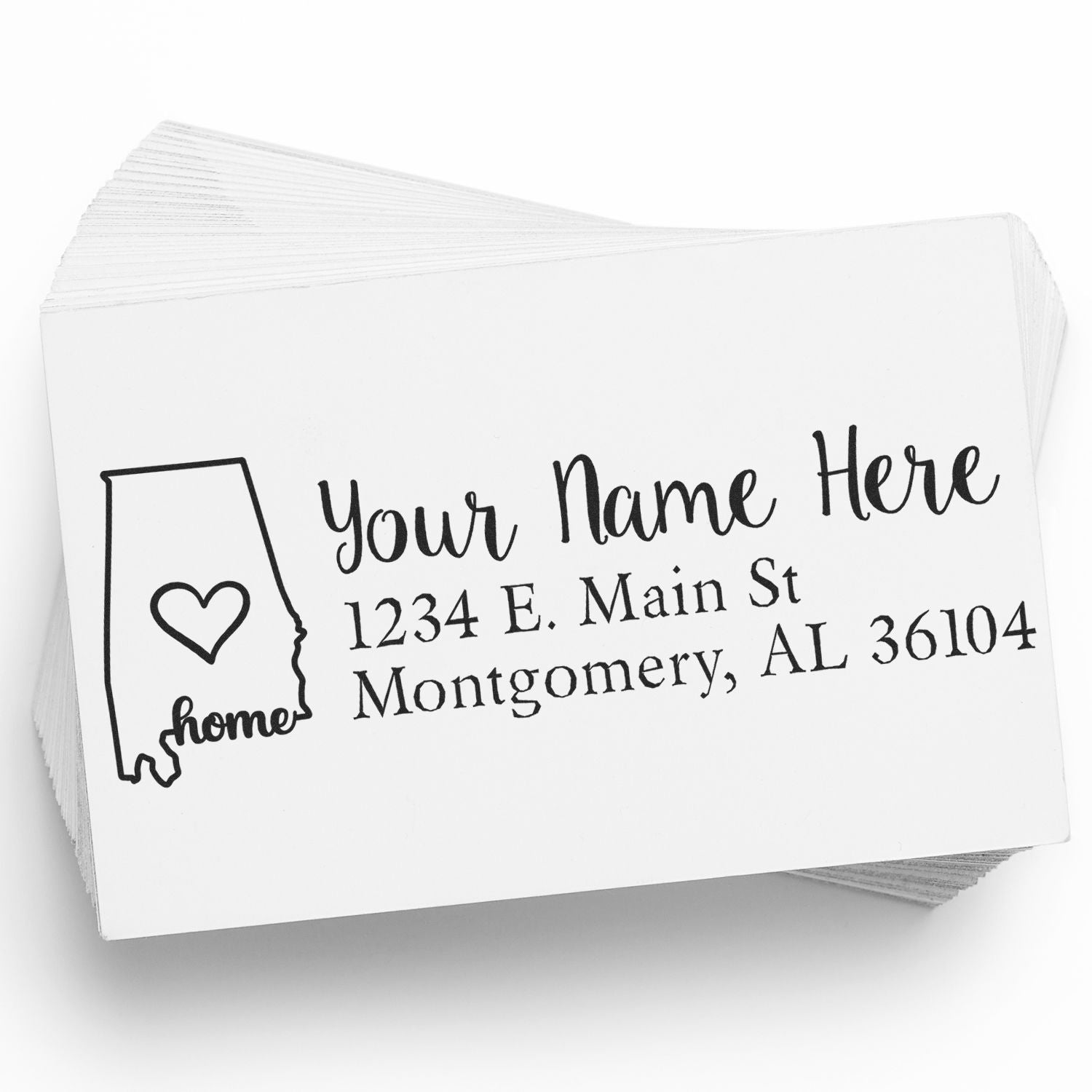 Alabama Self-Inking State Love Address Stamp on white paper, featuring a heart inside Alabama's outline with home text, personalized with name and address in elegant script.