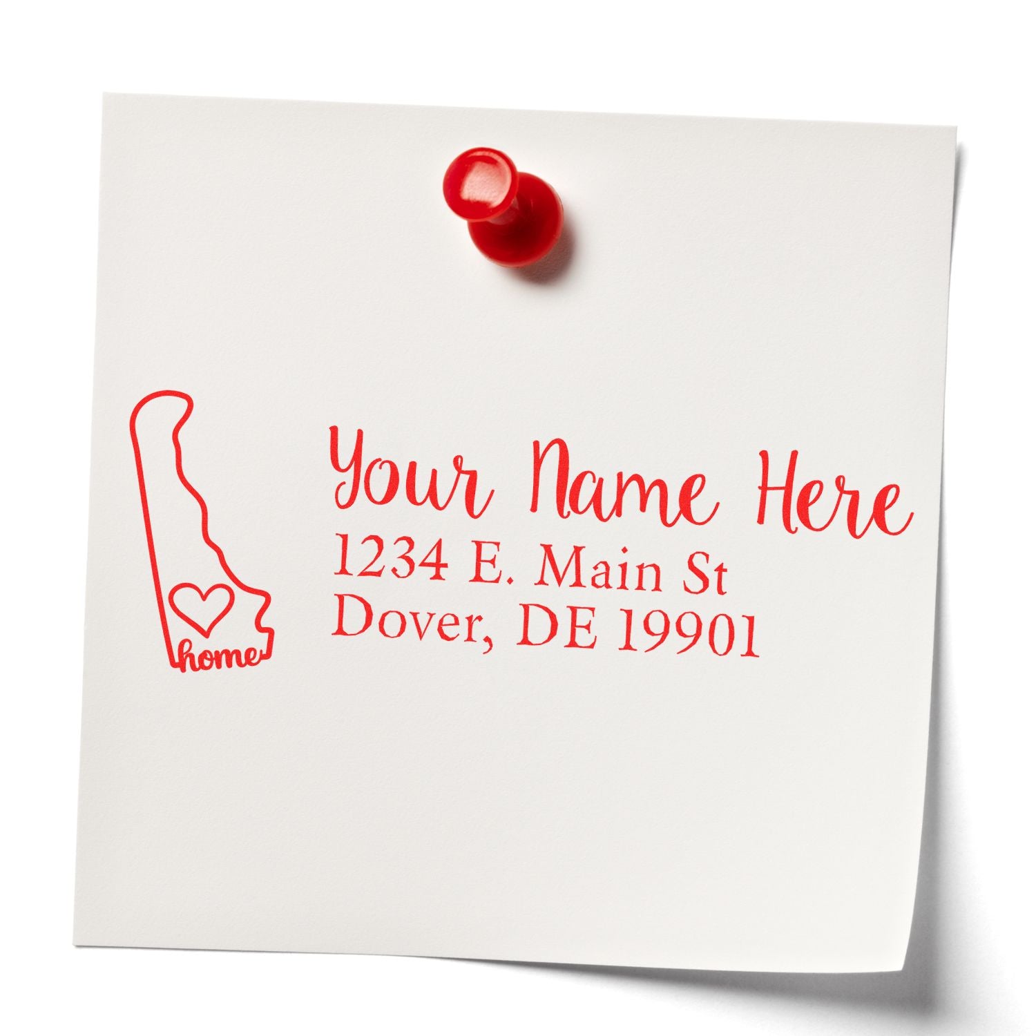 PSI Pre-Inked Personalized Delaware State Love Address Stamp on a white note with a red pushpin, featuring a heart and state outline, customized with name and address in red ink.