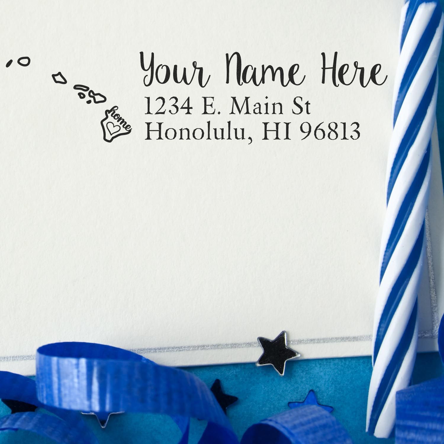 Wood Handle Hawaii Custom Address Rubber Stamp on white paper with sample address, surrounded by blue ribbon and stars.