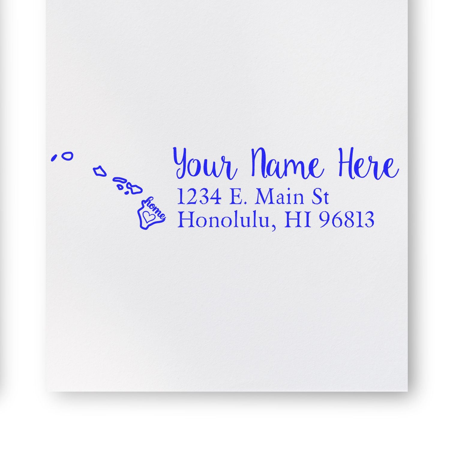 Hawaii Self-Inking State Love Address Stamp on white paper, featuring a blue design with the Hawaiian Islands and customizable address text.