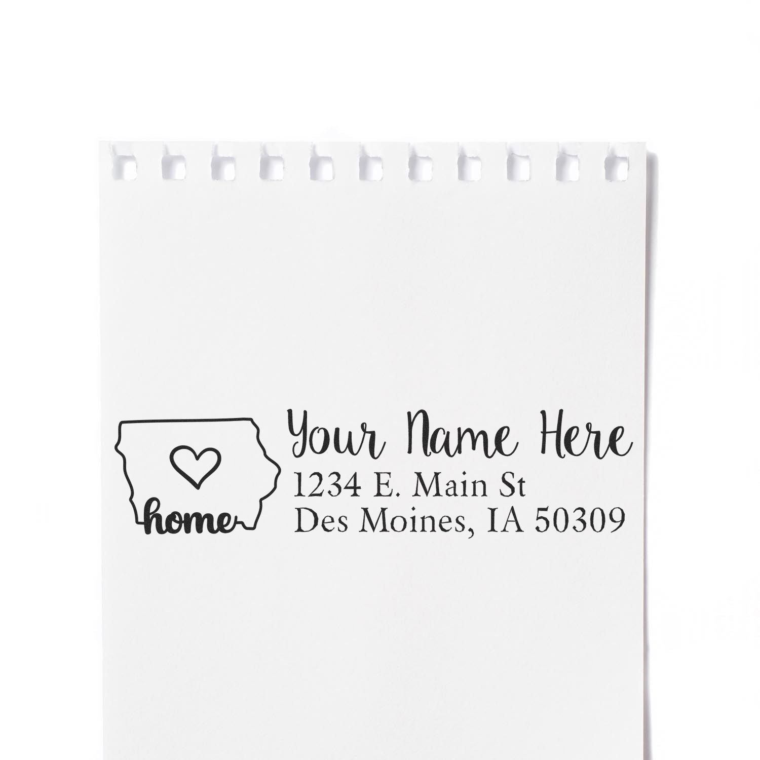 Iowa Self-Inking State Love Address Stamp on paper, featuring a heart inside Iowa's outline with 'home' text, personalized with name and address in elegant font.