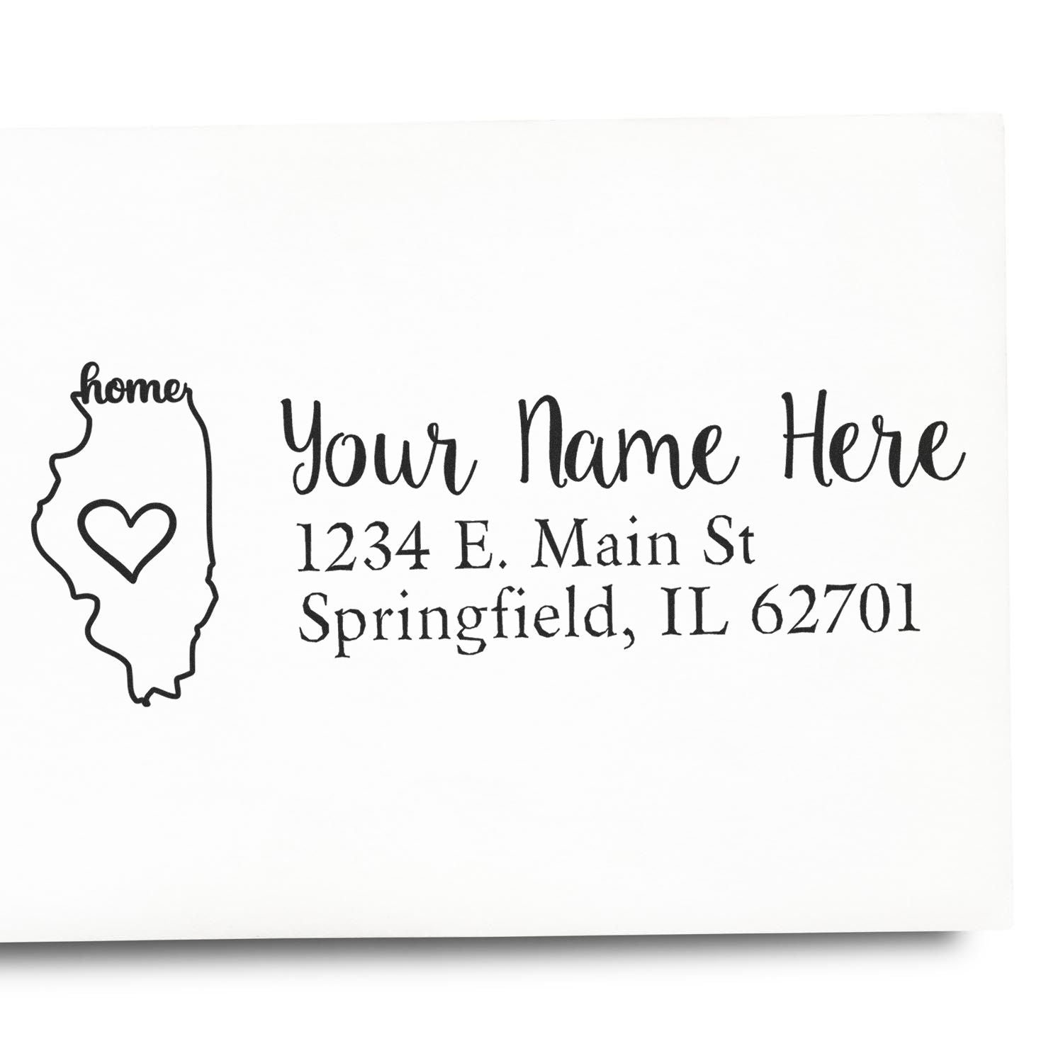 Illinois Self-Inking State Love Address Stamp on an envelope, featuring a heart inside the state outline and customizable address text. Perfect for personalizing mail with a touch of home.