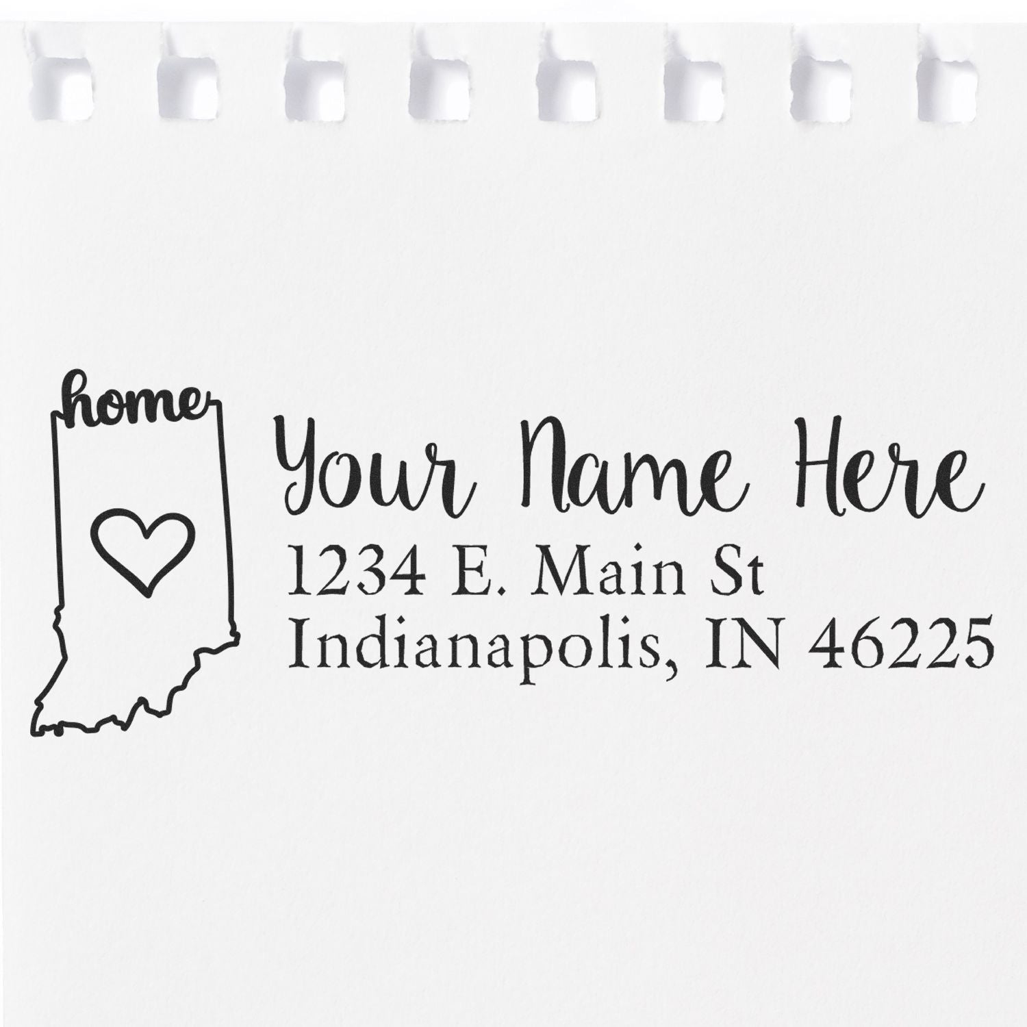 Wood Handle Indiana Custom Address Rubber Stamp on white paper, featuring a heart inside the state outline and customizable text for name and address in a stylish font.