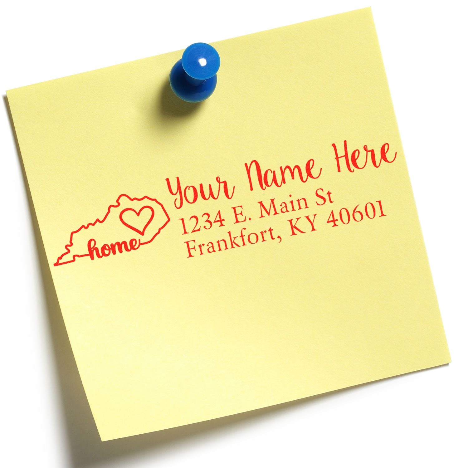 Yellow note with red text showing a sample address using the PSI Pre-Inked Personalized Kentucky State Love Address Stamp, featuring a heart and home inside the Kentucky state outline.