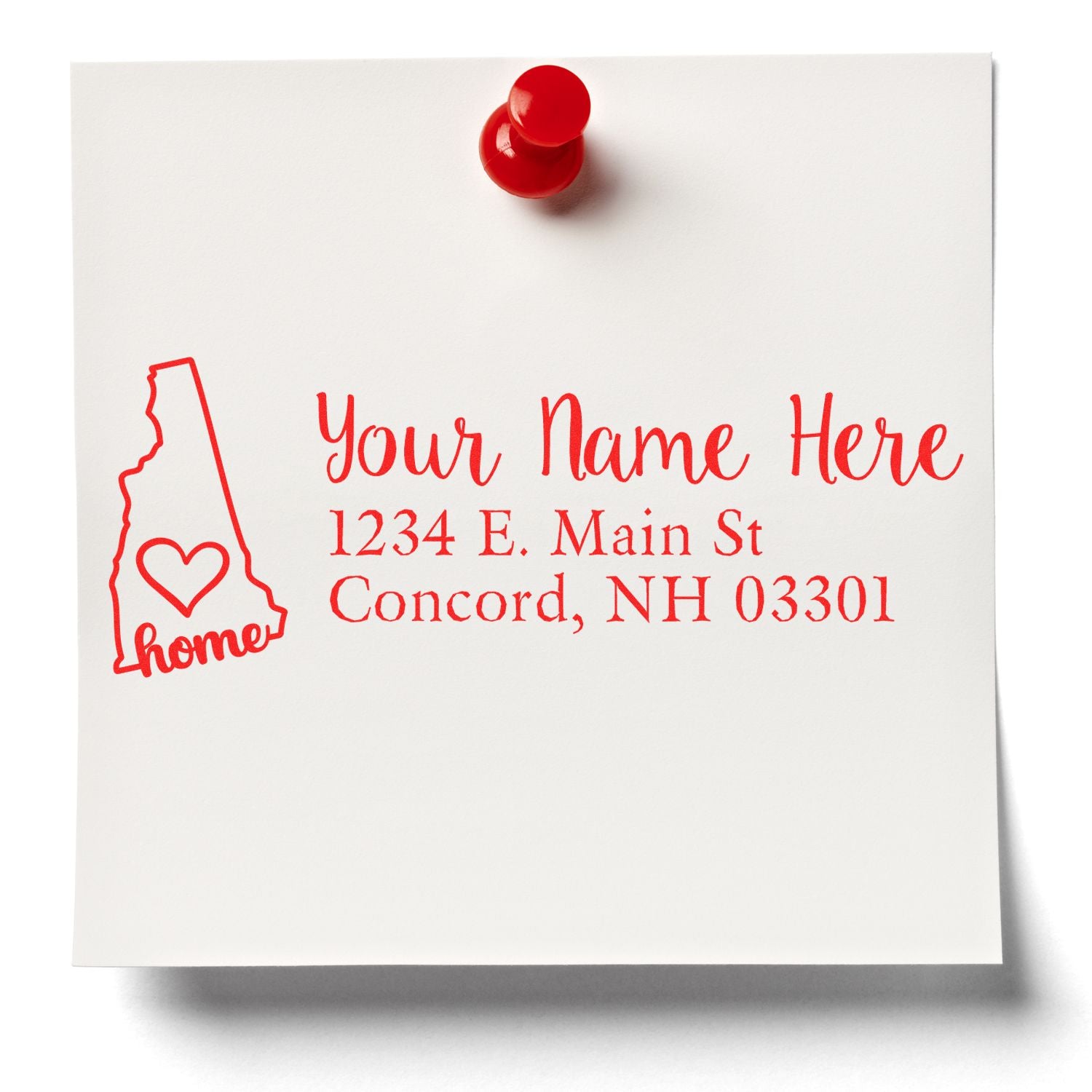 Red ink impression of the Wood Handle New Hampshire Custom Address Rubber Stamp on white paper, featuring a state outline with home text, personalized address, and a red pushpin.