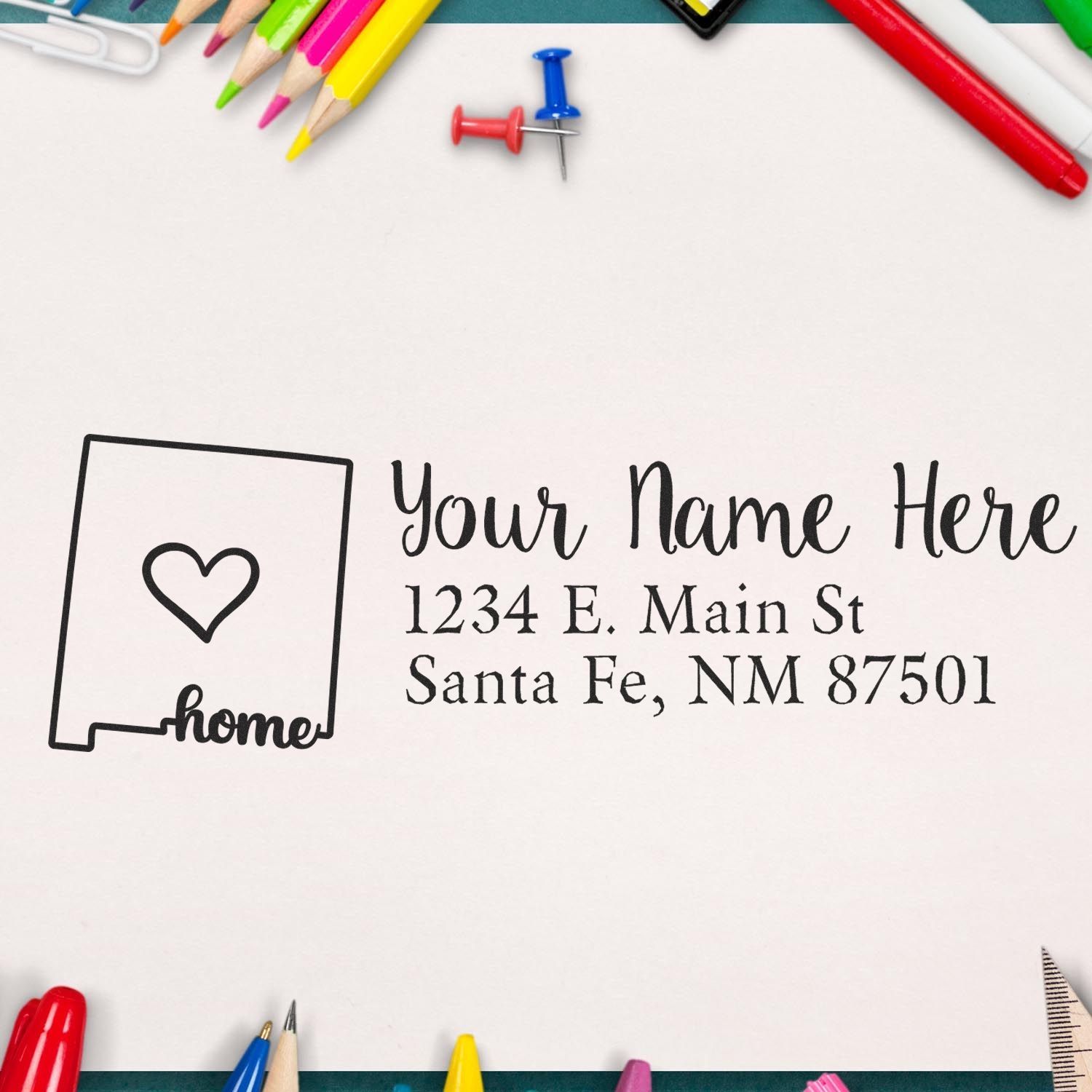 New Mexico Self-Inking State Love Address Stamp on paper with a heart design, surrounded by colorful pencils and push pins, displaying a sample address in Santa Fe, NM.