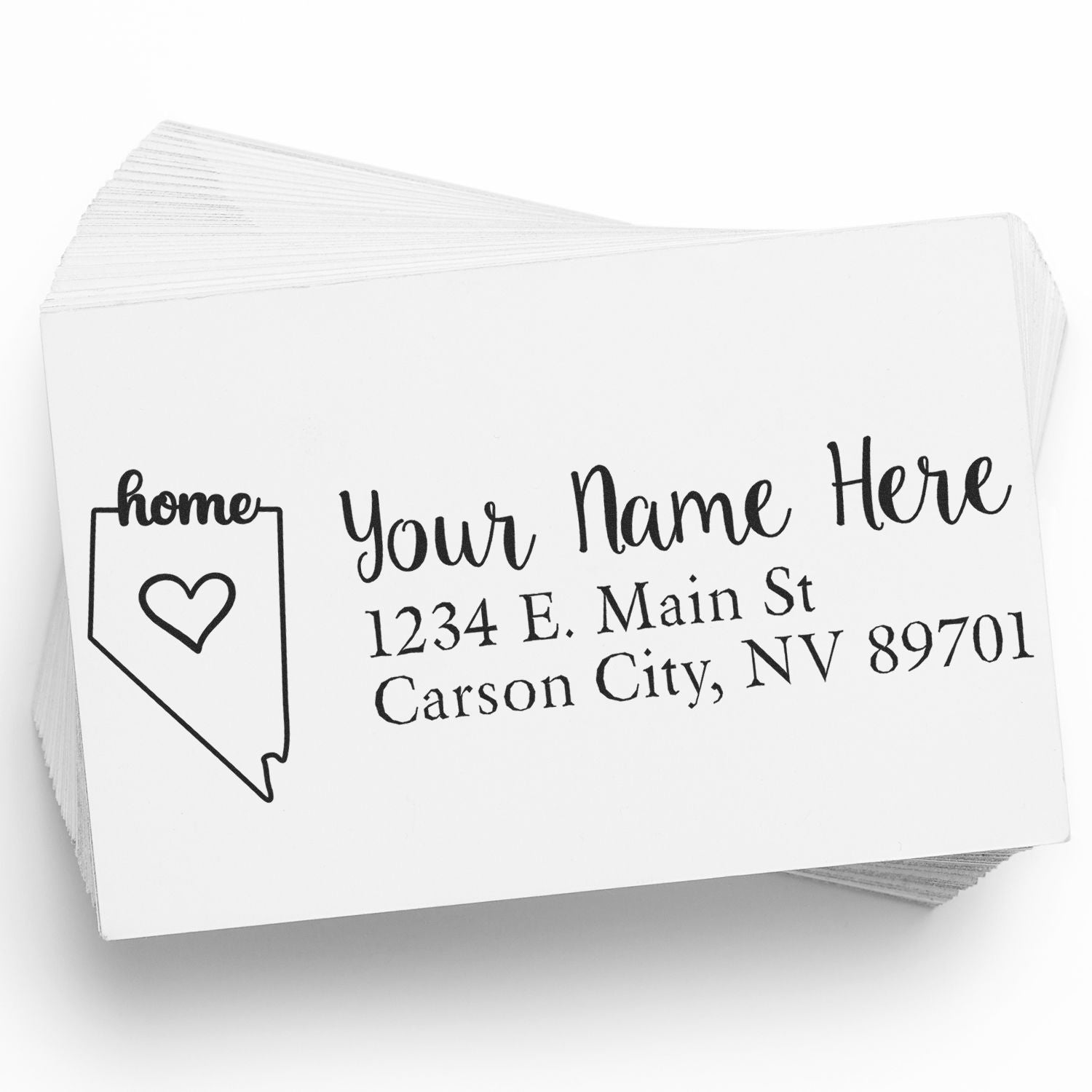 PSI Pre-Inked Personalized Nevada State Love Address Stamp on white paper, featuring a heart inside Nevada outline with home text, and customizable address in elegant script.