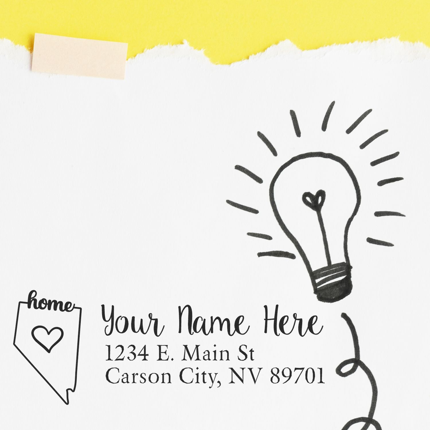 Slim Pre-Inked Nevada State Love Custom Address Stamp on white paper with a hand-drawn lightbulb and heart, showcasing personalized address details for Carson City, NV.