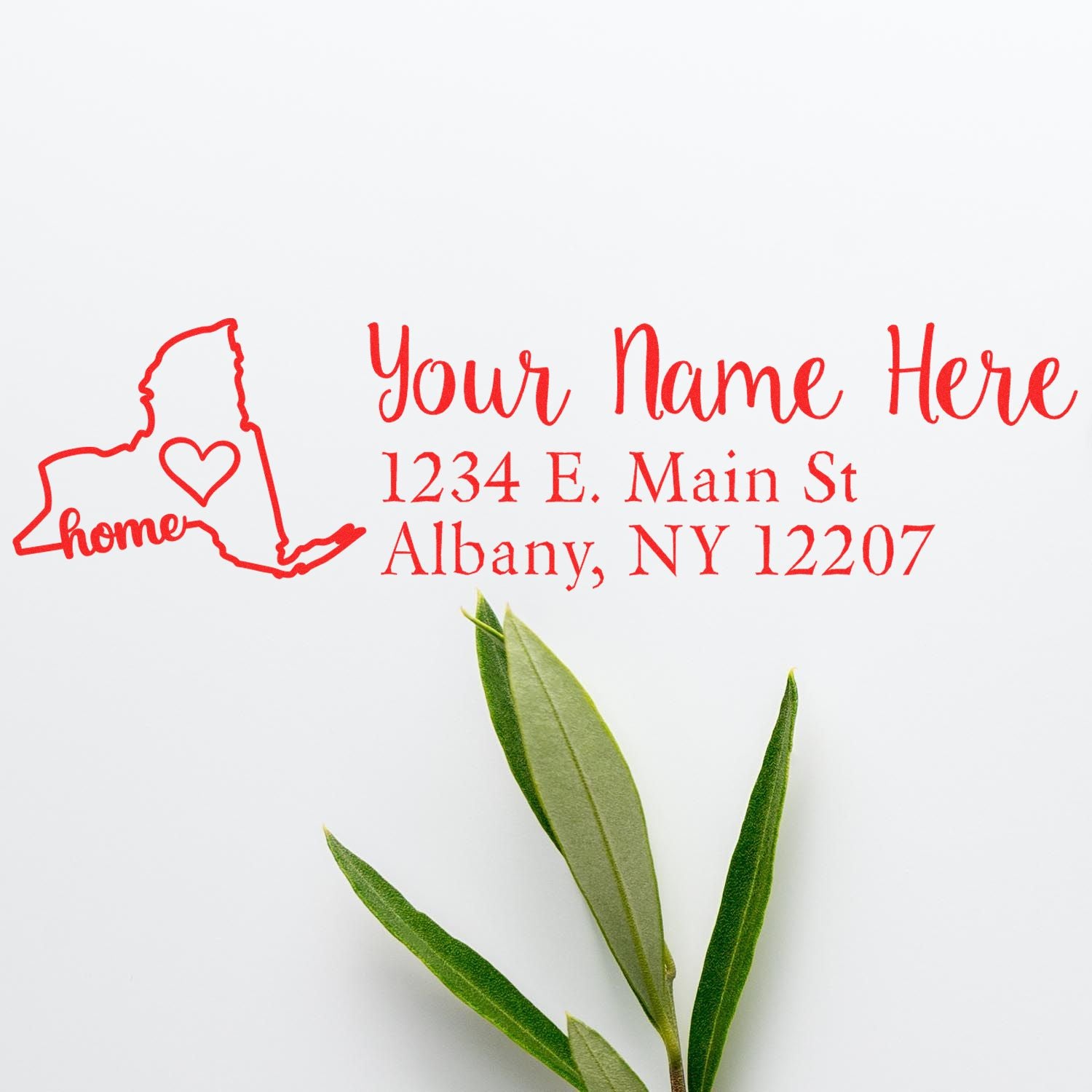 PSI Pre-Inked Personalized New York State Love Address Stamp in red ink, featuring a map outline with home and heart, customizable address, and green leaves on a white background.