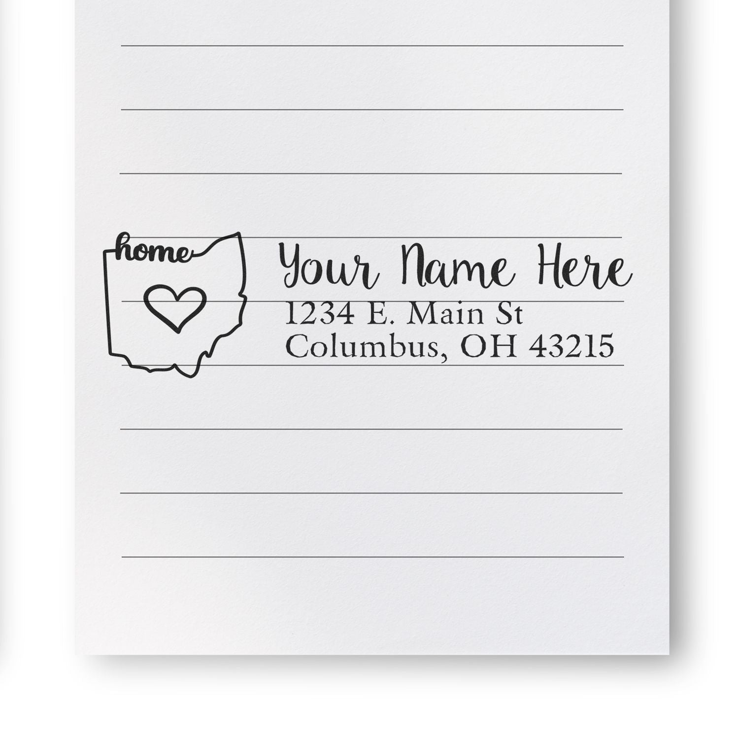 Ohio Self-Inking State Love Address Stamp on lined paper, featuring a heart inside the Ohio state outline with customizable name and address fields. Perfect for personalizing mail with Ohio pride.