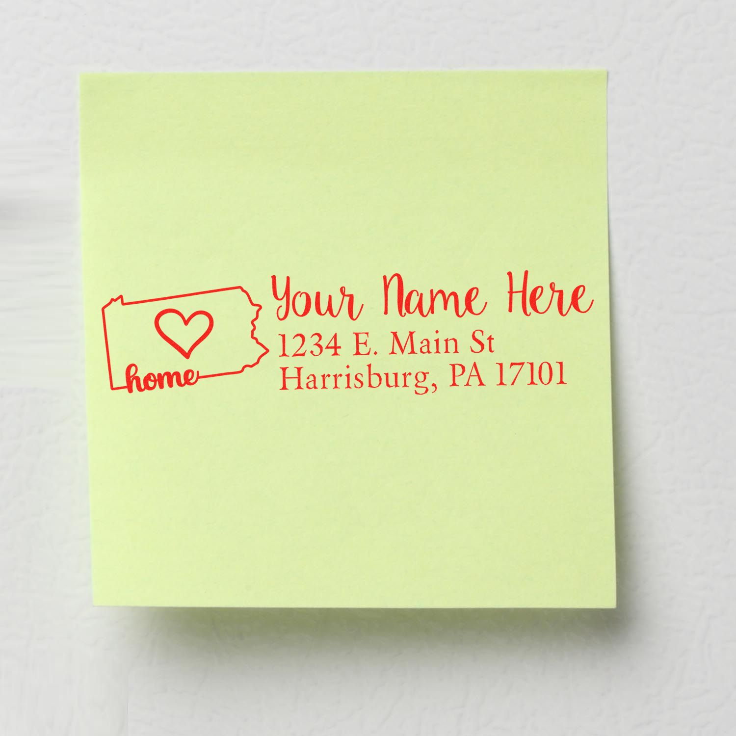 Wood Handle Pennsylvania Custom Address Rubber Stamp on a green sticky note, featuring a heart and state outline with red text for a personalized address.