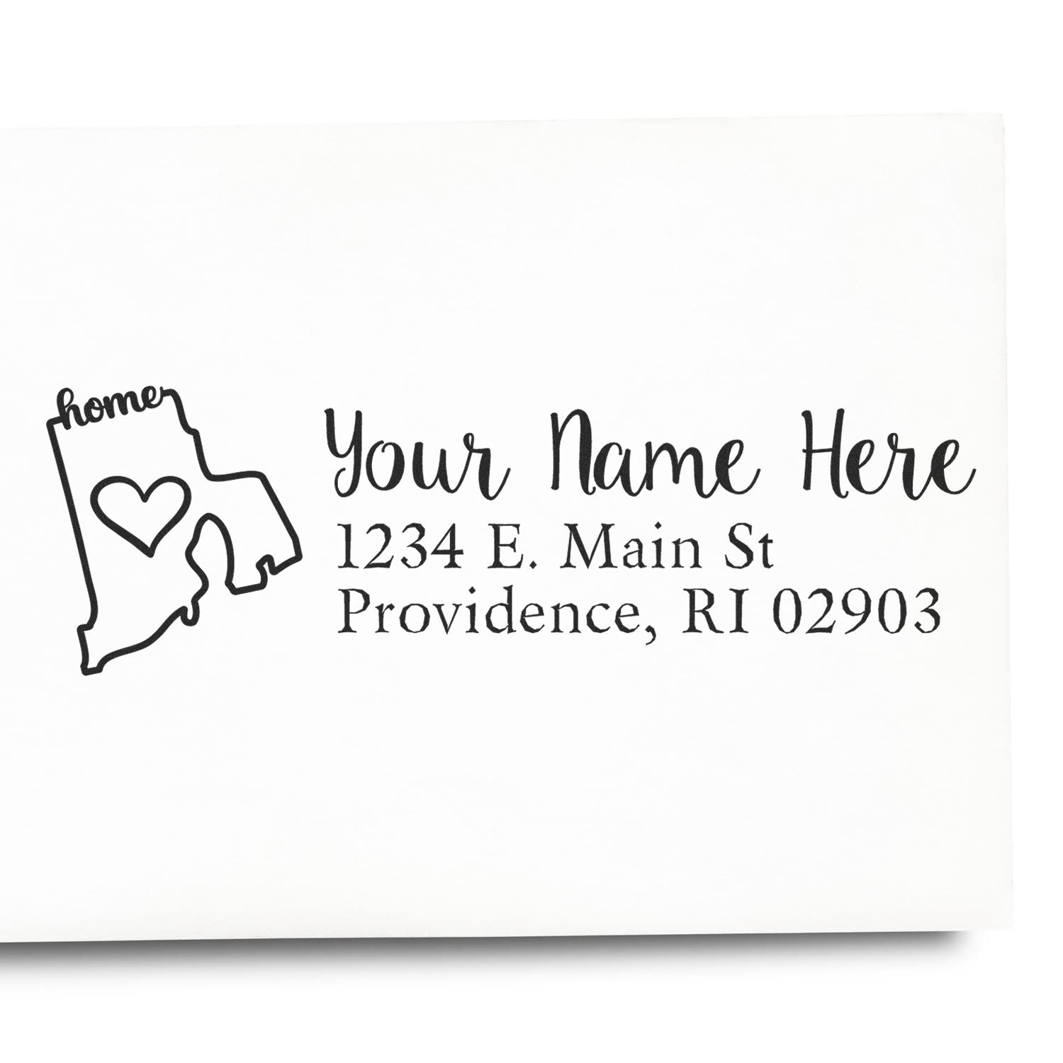 PSI Pre-Inked Personalized Rhode Island State Love Address Stamp on white paper, featuring a heart design within the state outline and customizable address text in elegant script.