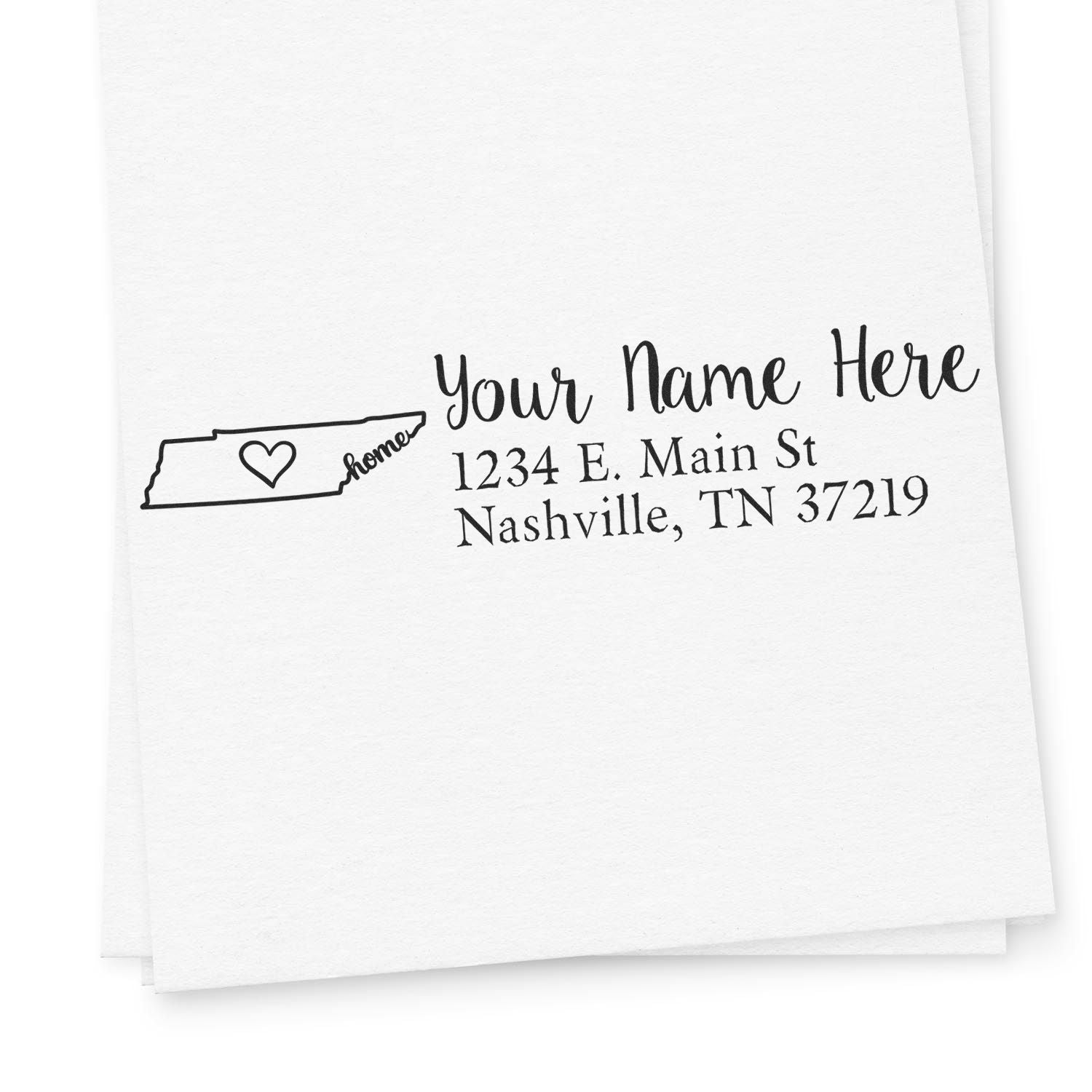 Tennessee Self-Inking State Love Address Stamp on white paper, featuring a heart within the state outline and customizable text for name and address. Perfect for personalizing mail with Tennessee pride.