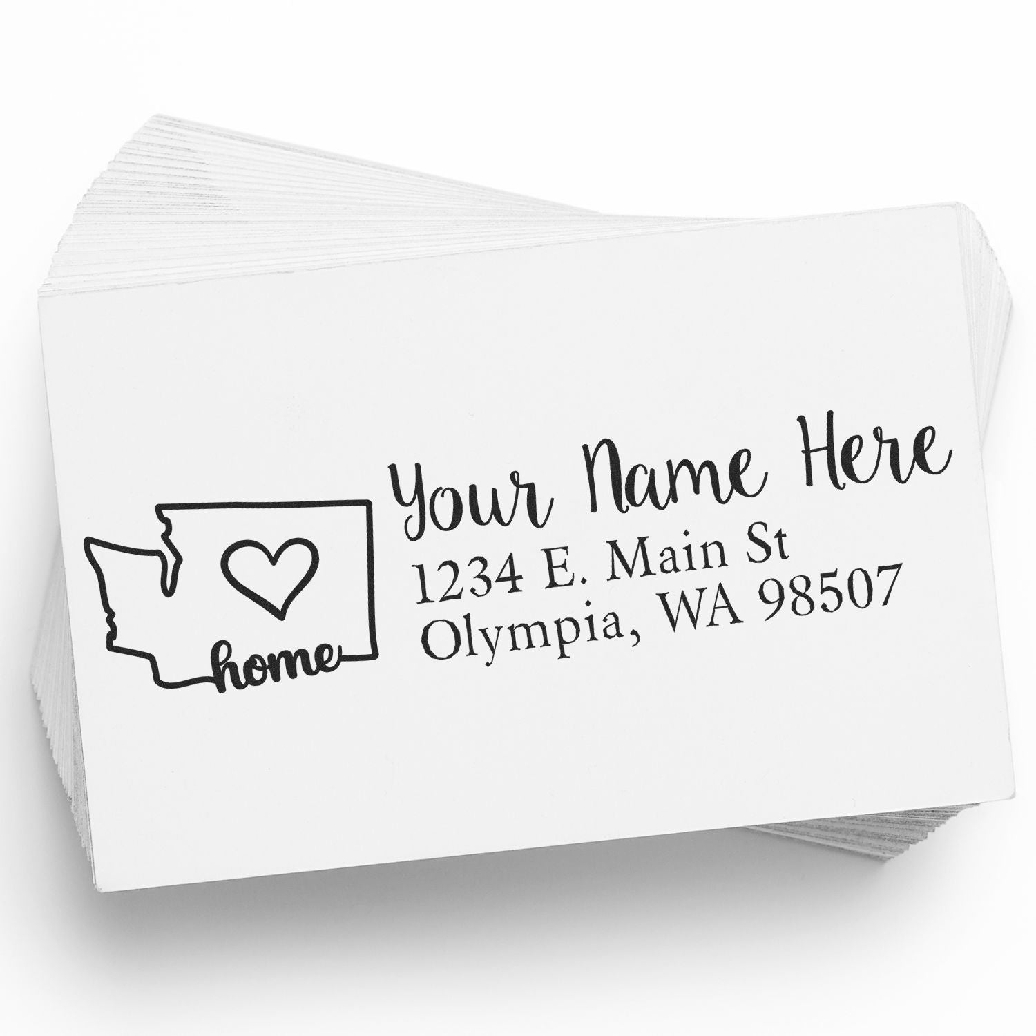 Wood Handle Washington Custom Address Rubber Stamp on a stack of white cards, featuring a heart inside the state outline and sample text: Your Name Here, 1234 E. Main St, Olympia, WA 98507.