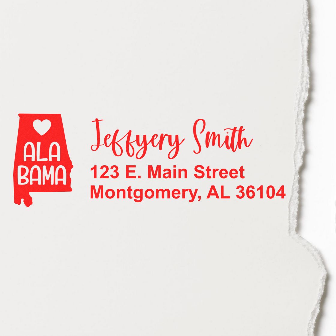 Alabama State Love Personalized Address Stamp in red ink on white paper, featuring a heart and state outline with the name Jeffery Smith and address in Montgomery, AL.