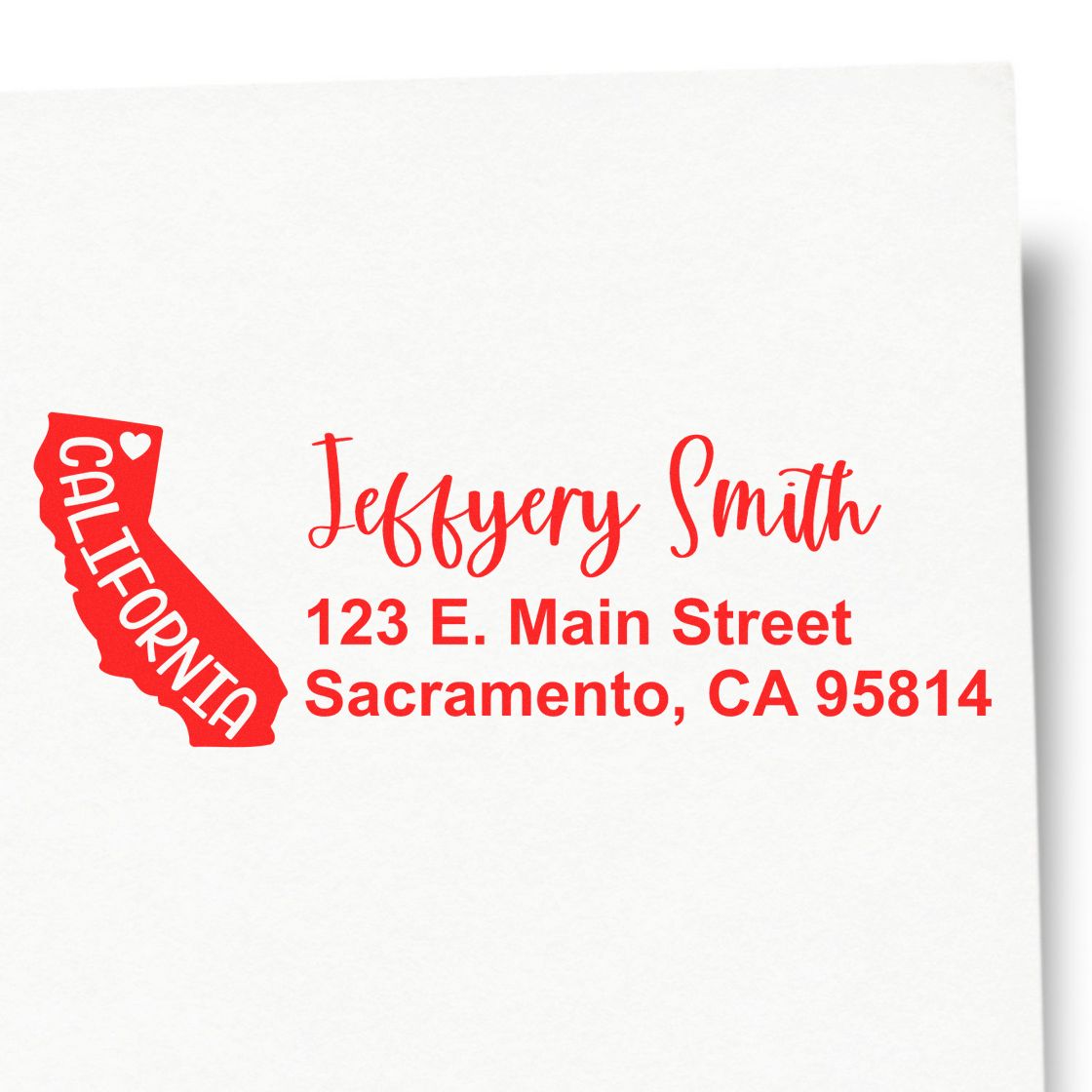 California State Love Personalized Address Stamp featuring a red California outline with heart, personalized with name and address in red script on white paper.