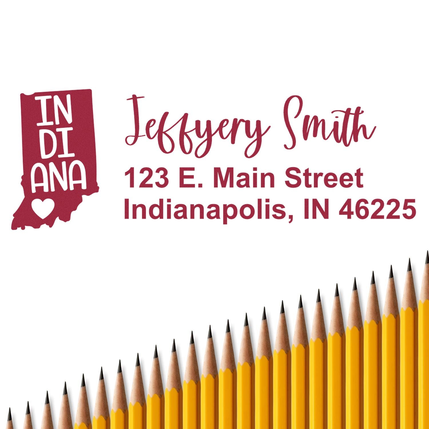 Indiana State Love Personalized Address Stamp featuring a red Indiana map with heart, custom name, and address in elegant font. Pencils aligned at the bottom for a creative touch.